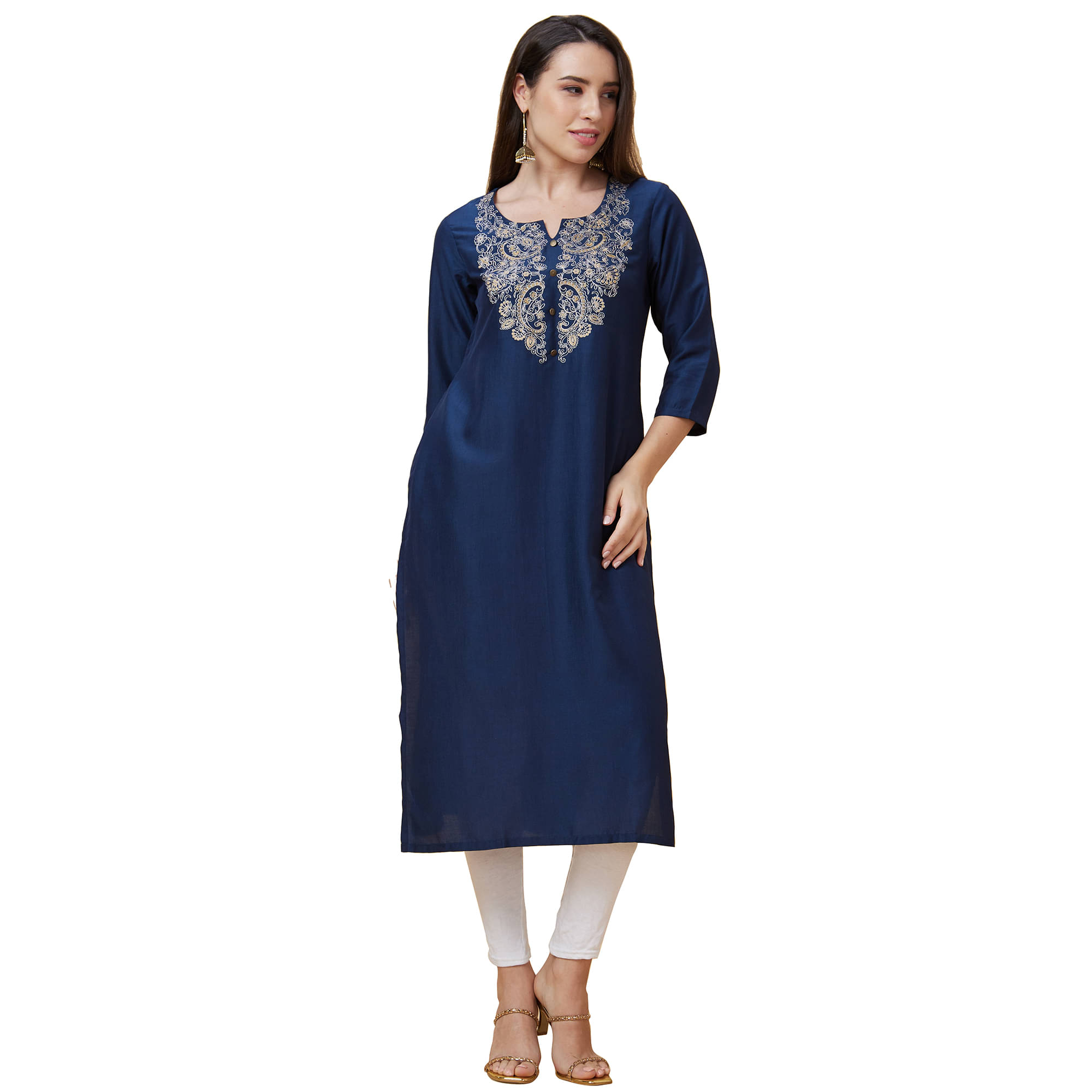     			Globus Polyester Embroidered Straight Women's Kurti - Blue ( Pack of 1 )