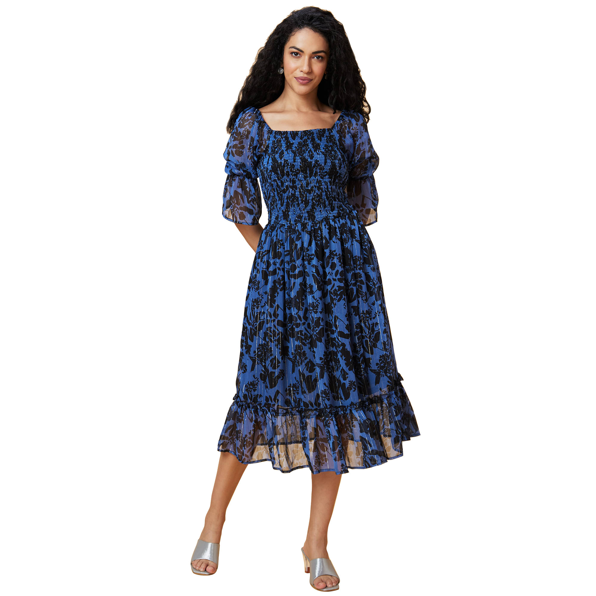     			Globus Polyester Printed Midi Women's Fit & Flare Dress - Blue ( Pack of 1 )