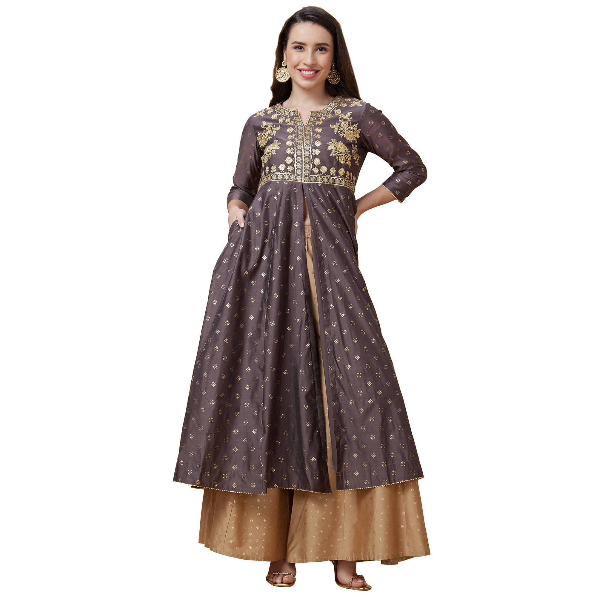 Globus Viscose Embroidered Front Slit Women's Kurti - Brown ( Pack of 1 ) - Kurtis, Tunics | Buy online on ZillyBuy