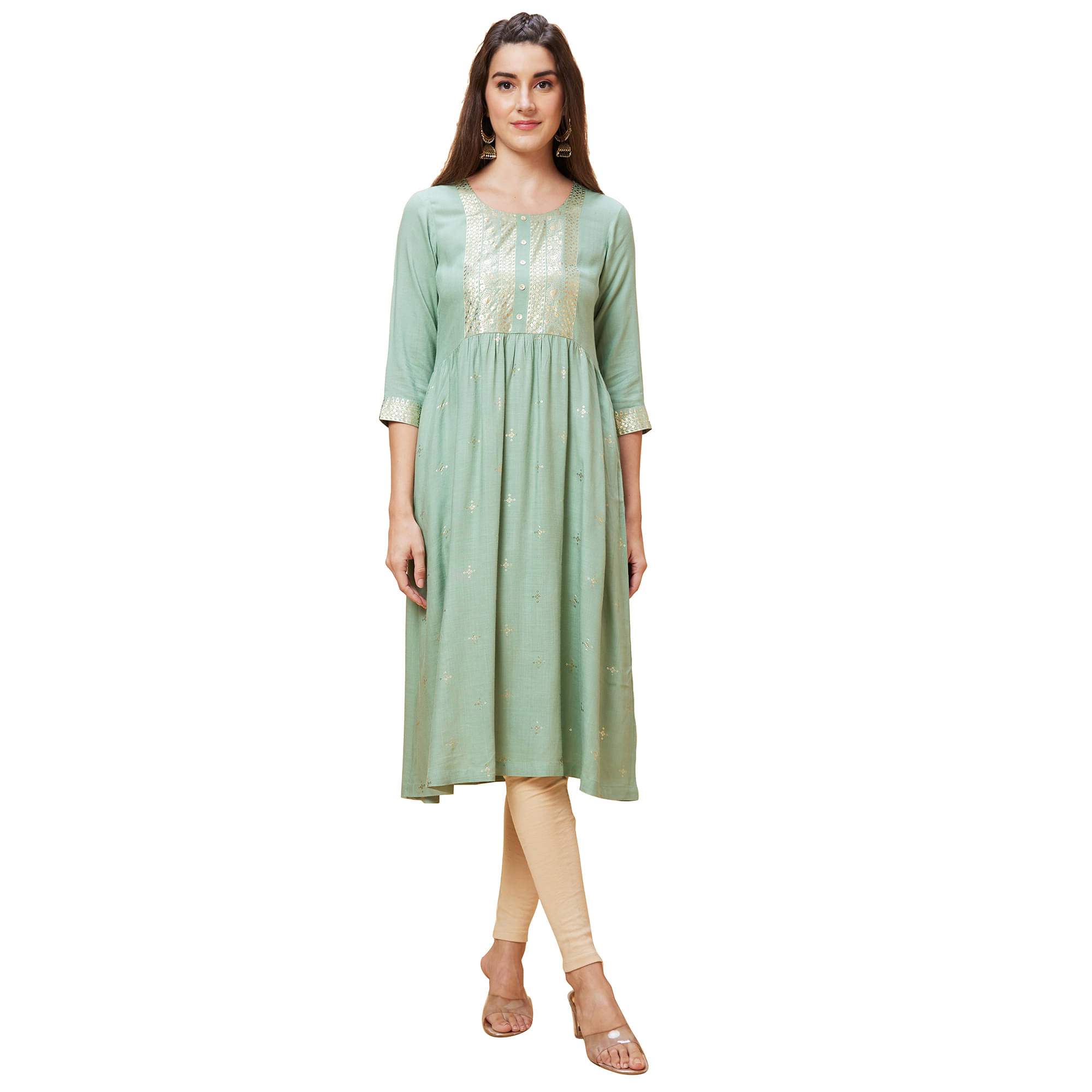 Globus Viscose Printed Anarkali Women's Kurti - Green ( Pack of 1 )     			Globus Viscose Printed Anarkali Women's Kurti - Green ( Pack of 1 )