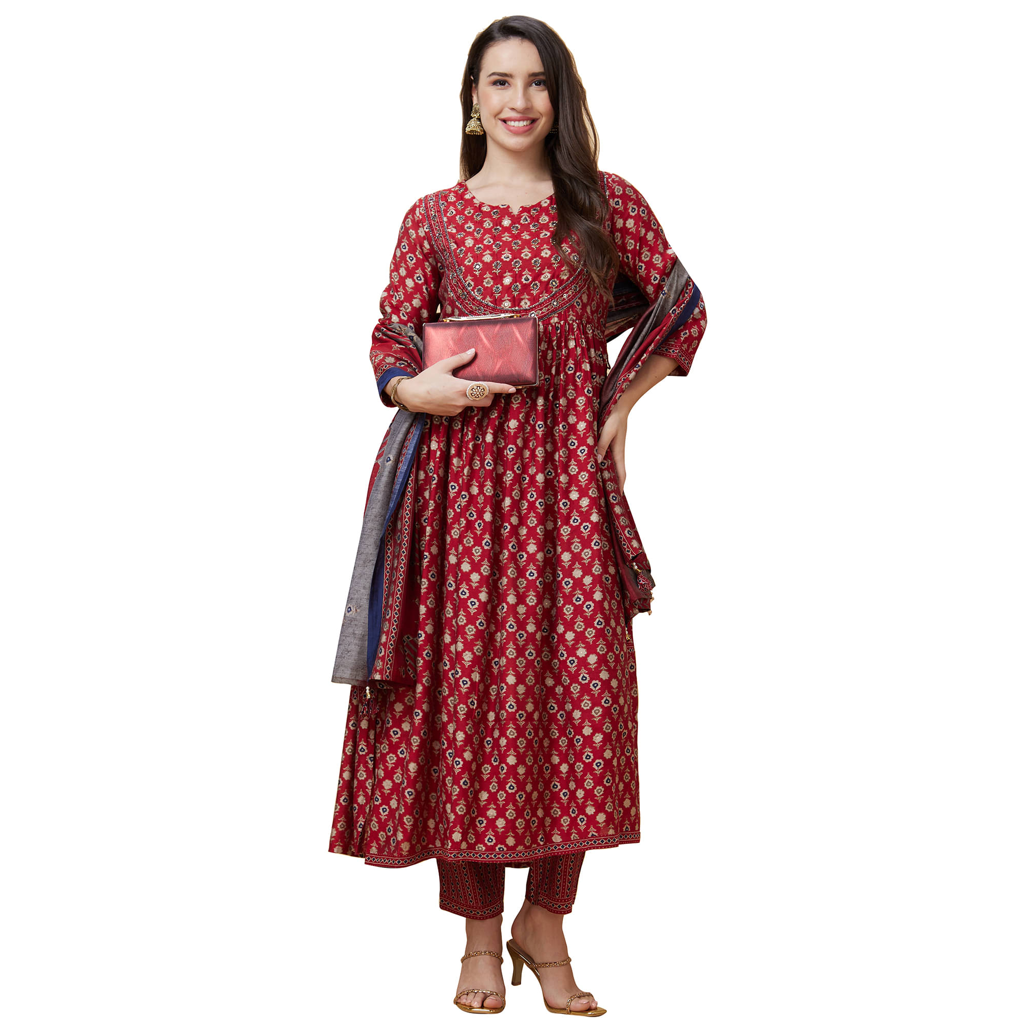     			Globus Viscose Printed Kurti With Pants Women's Stitched Salwar Suit - Maroon ( Pack of 3 )