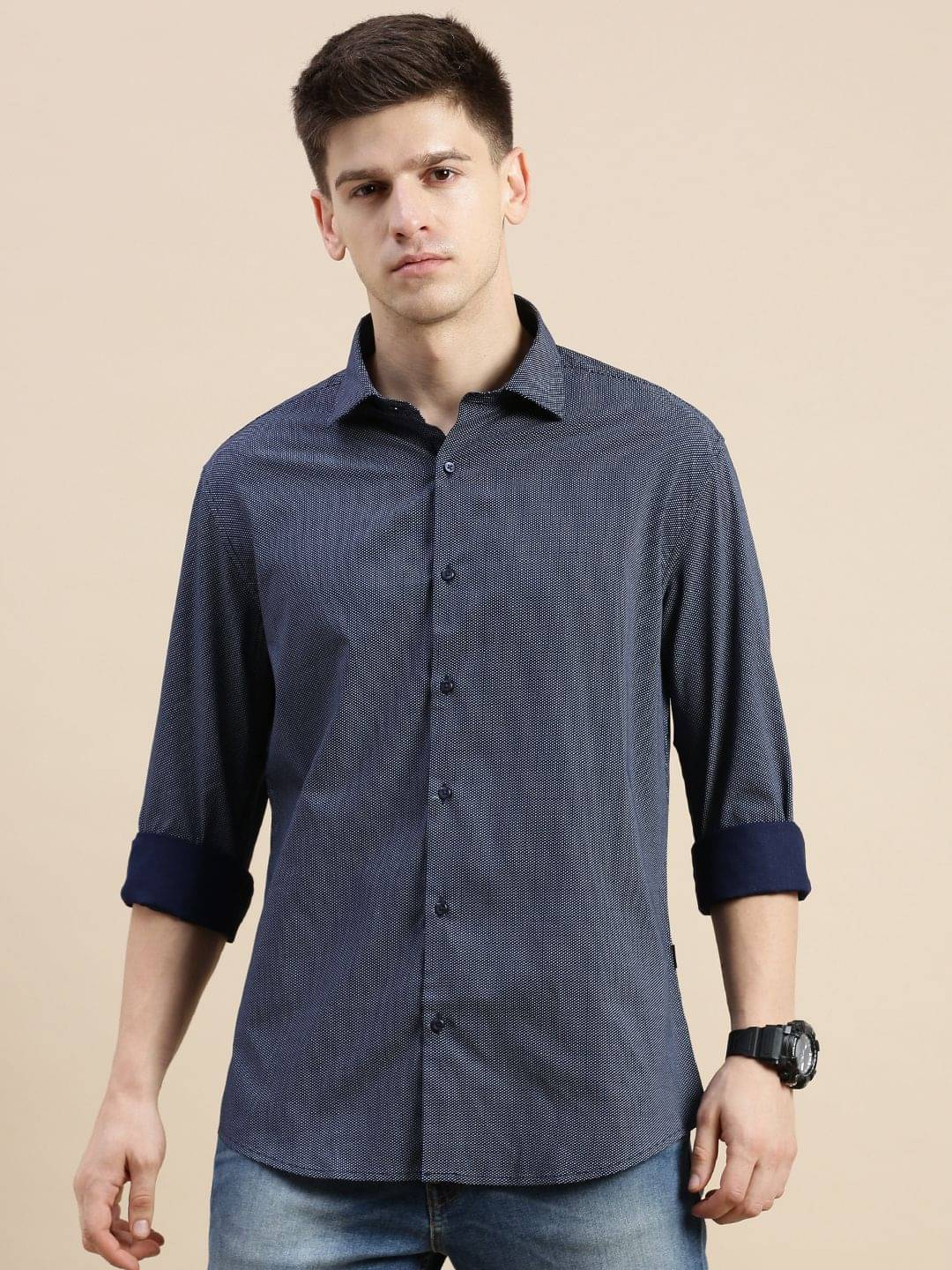 Showoff Cotton Blend Regular Fit Printed Full Sleeves Men's Casual Shirt - Navy Blue ( Pack of 1 ) Showoff Cotton Blend Regular Fit Printed Full Sleeves Men's Casual Shirt - Navy Blue ( Pack of 1 )