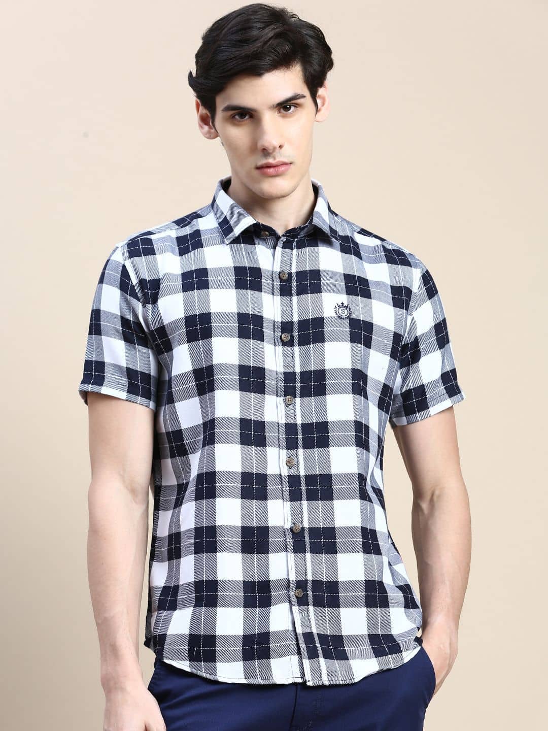 Showoff Cotton Blend Regular Fit Checks Half Sleeves Men's Casual Shirt - White ( Pack of 1 )