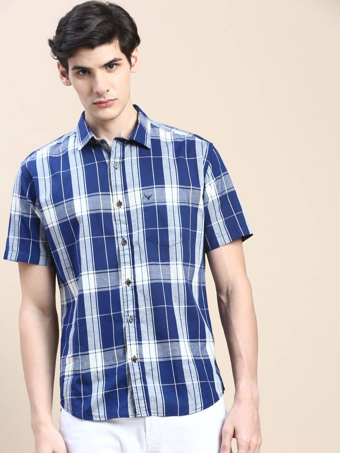 Showoff Cotton Blend Regular Fit Checks Half Sleeves Men's Casual Shirt - Blue ( Pack of 1 )