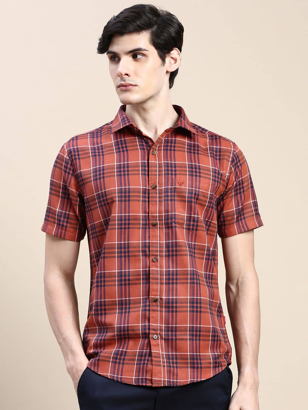 Showoff Cotton Blend Regular Fit Checks Half Sleeves Men's Casual Shirt - Rust ( Pack of 1 )