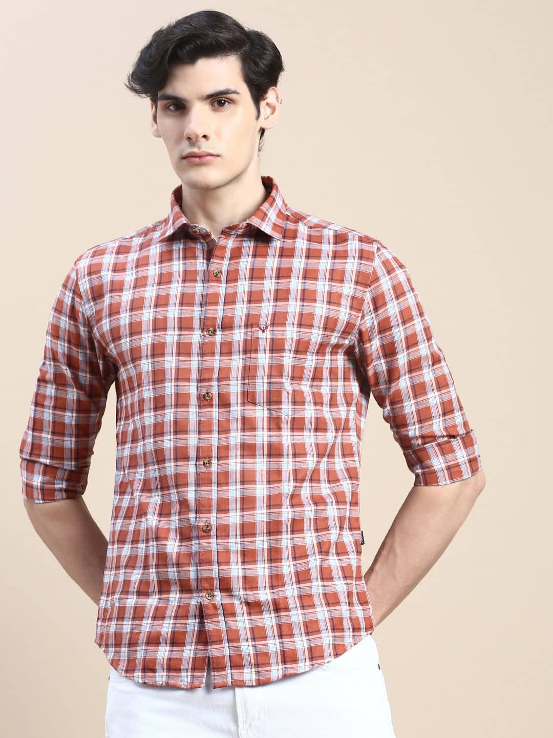 Showoff Cotton Blend Regular Fit Checks Full Sleeves Men's Casual Shirt - Rust ( Pack of 1 )