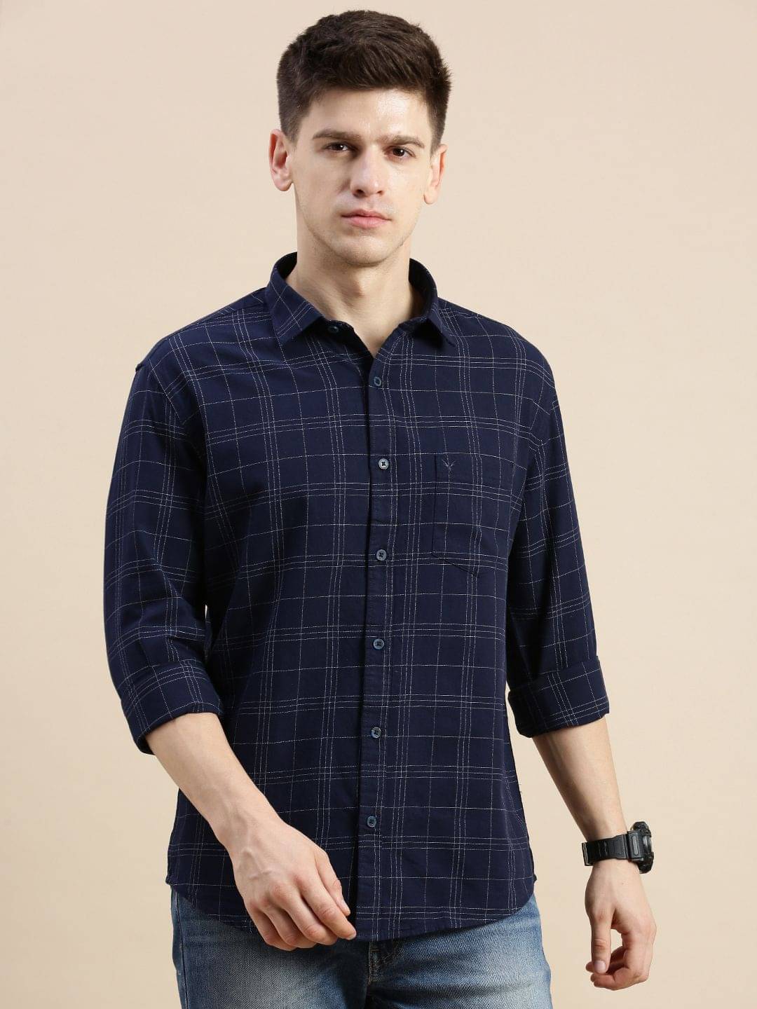     			Showoff Cotton Blend Regular Fit Checks Full Sleeves Men's Casual Shirt - Navy Blue ( Pack of 1 )