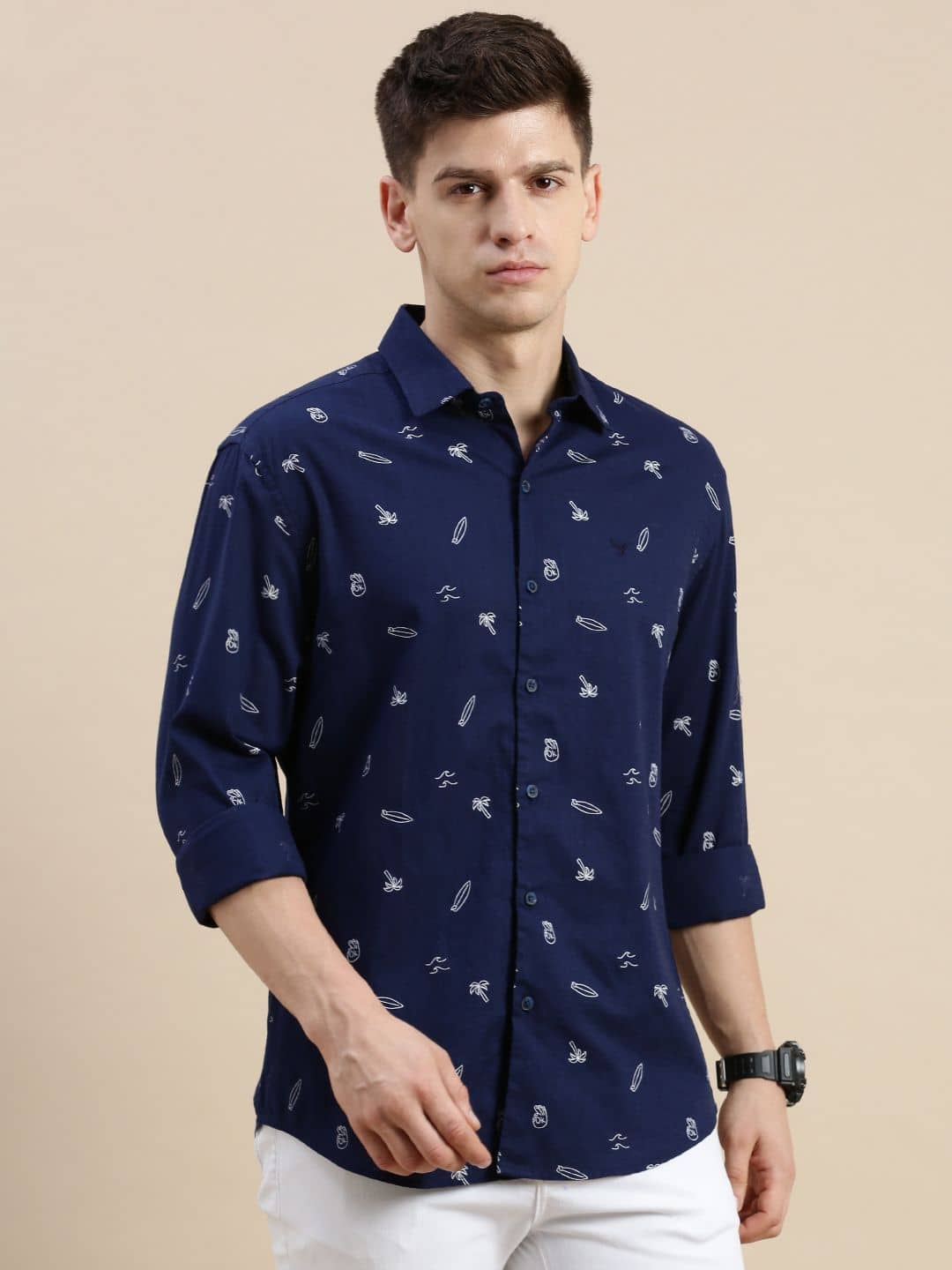 Showoff Cotton Blend Regular Fit Printed Full Sleeves Men's Casual Shirt - Navy Blue ( Pack of 1 )