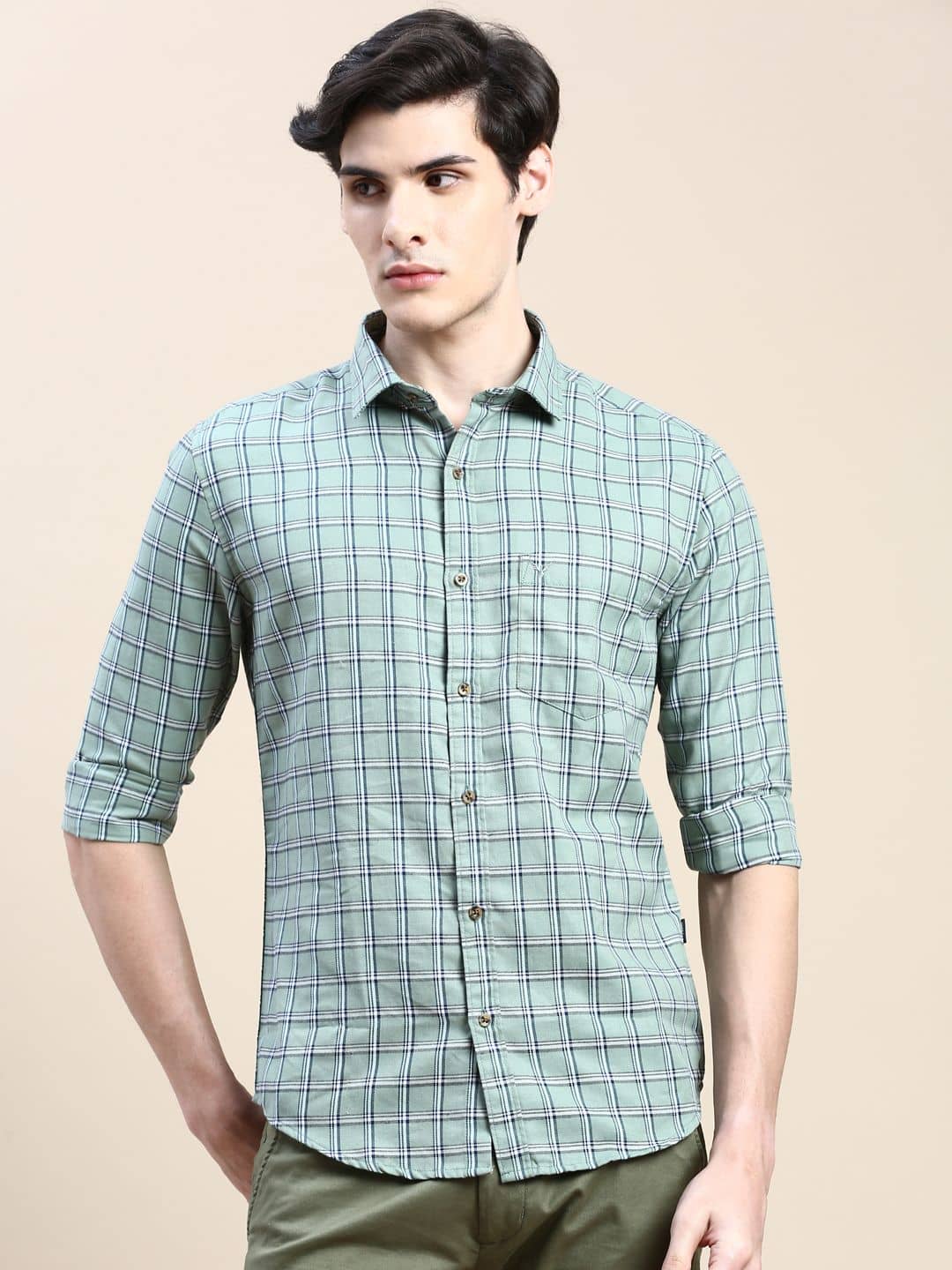 Showoff Cotton Blend Regular Fit Checks Full Sleeves Men's Casual Shirt - Green ( Pack of 1 )
