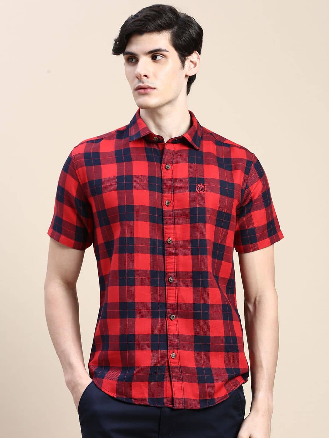 Showoff Cotton Blend Regular Fit Checks Half Sleeves Men's Casual Shirt - Red ( Pack of 1 )