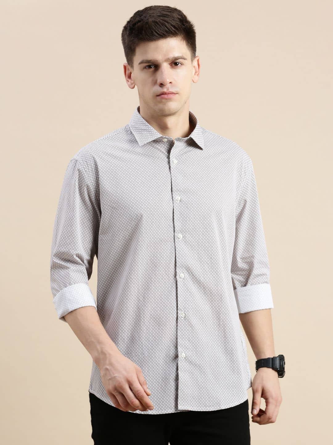 Showoff Cotton Blend Regular Fit Printed Full Sleeves Men's Casual Shirt - Off White ( Pack of 1 )