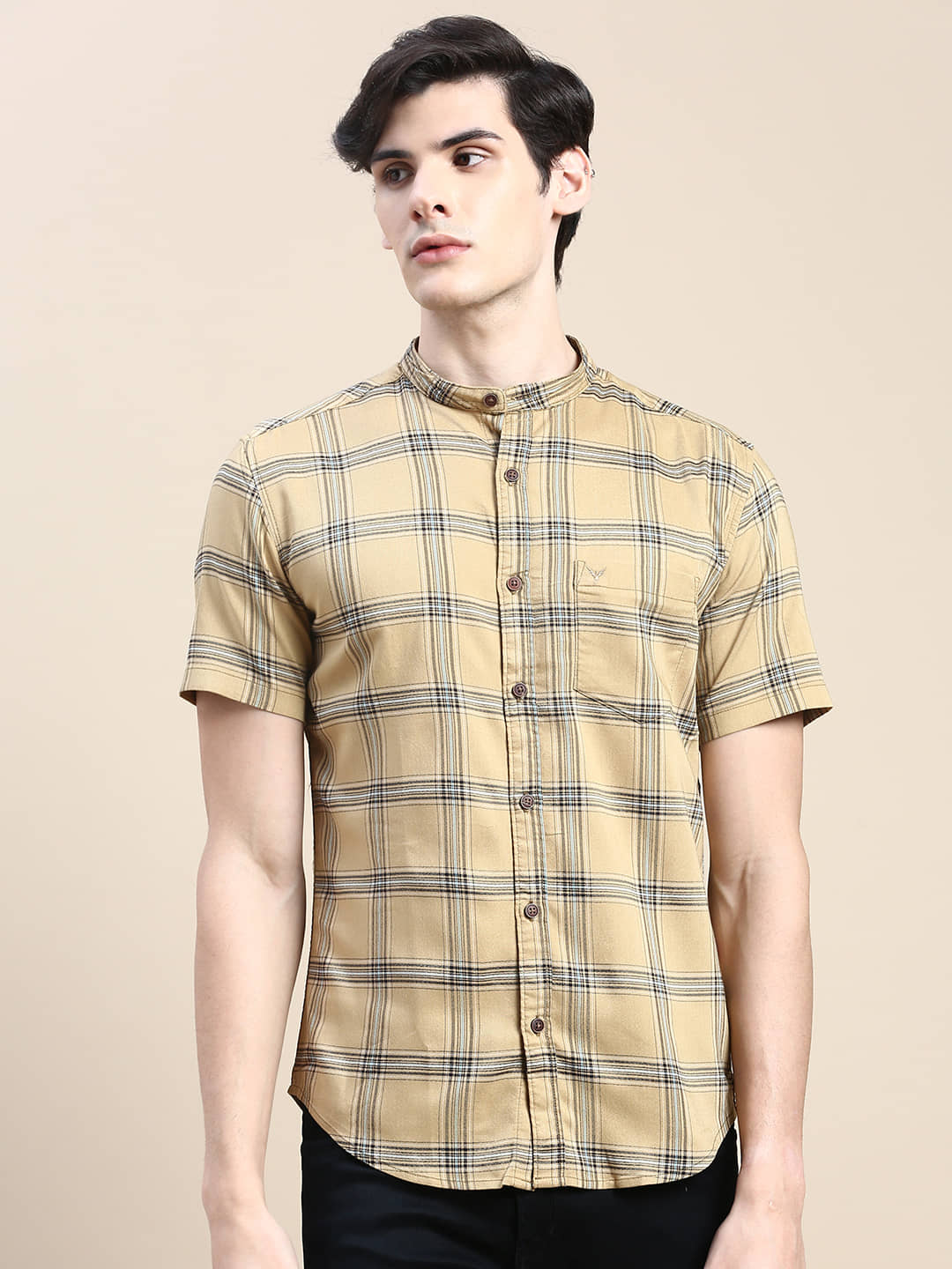 Showoff Cotton Blend Regular Fit Checks Half Sleeves Men's Casual Shirt - Beige ( Pack of 1 )