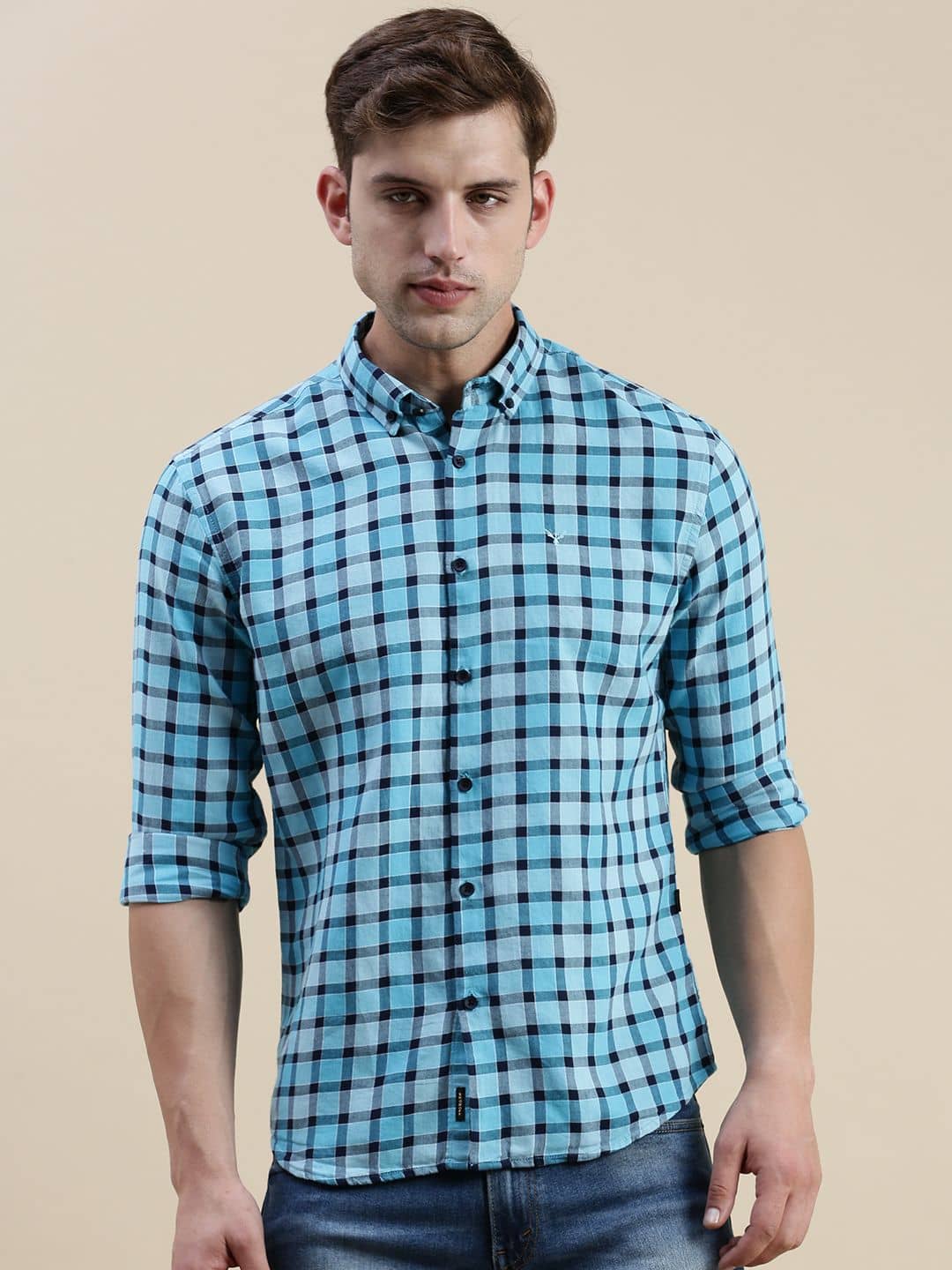 Showoff Cotton Blend Regular Fit Checks Full Sleeves Men's Casual Shirt - Blue ( Pack of 1 )