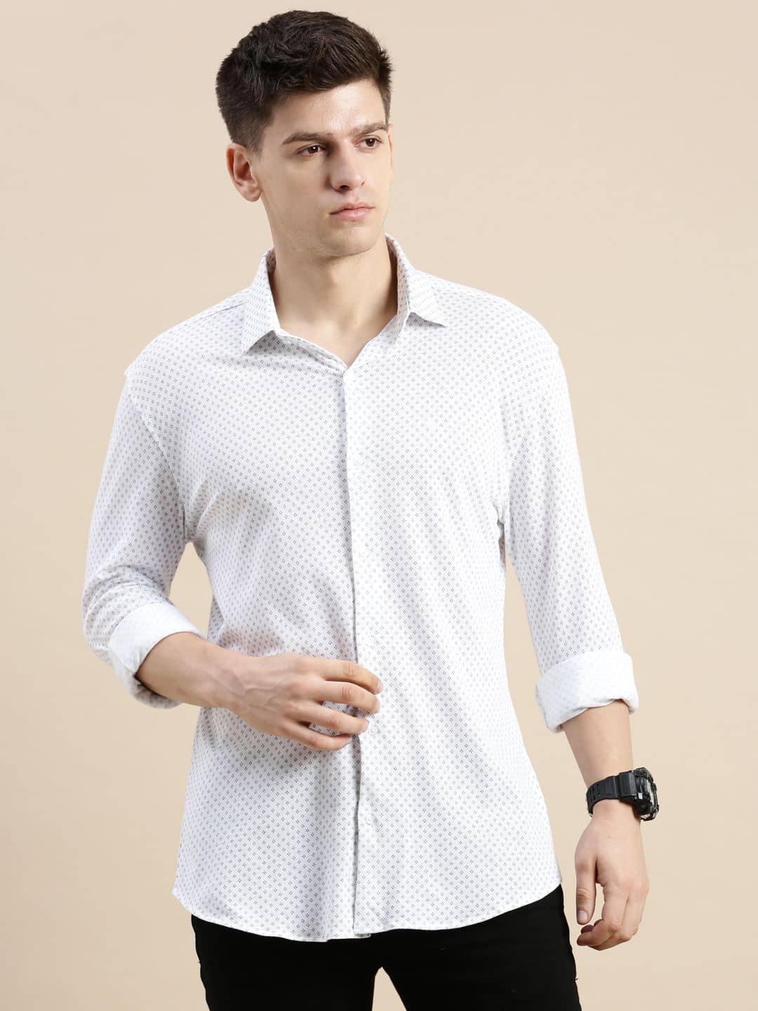 Showoff Cotton Blend Regular Fit Printed Full Sleeves Men's Casual Shirt - Off White ( Pack of 1 )