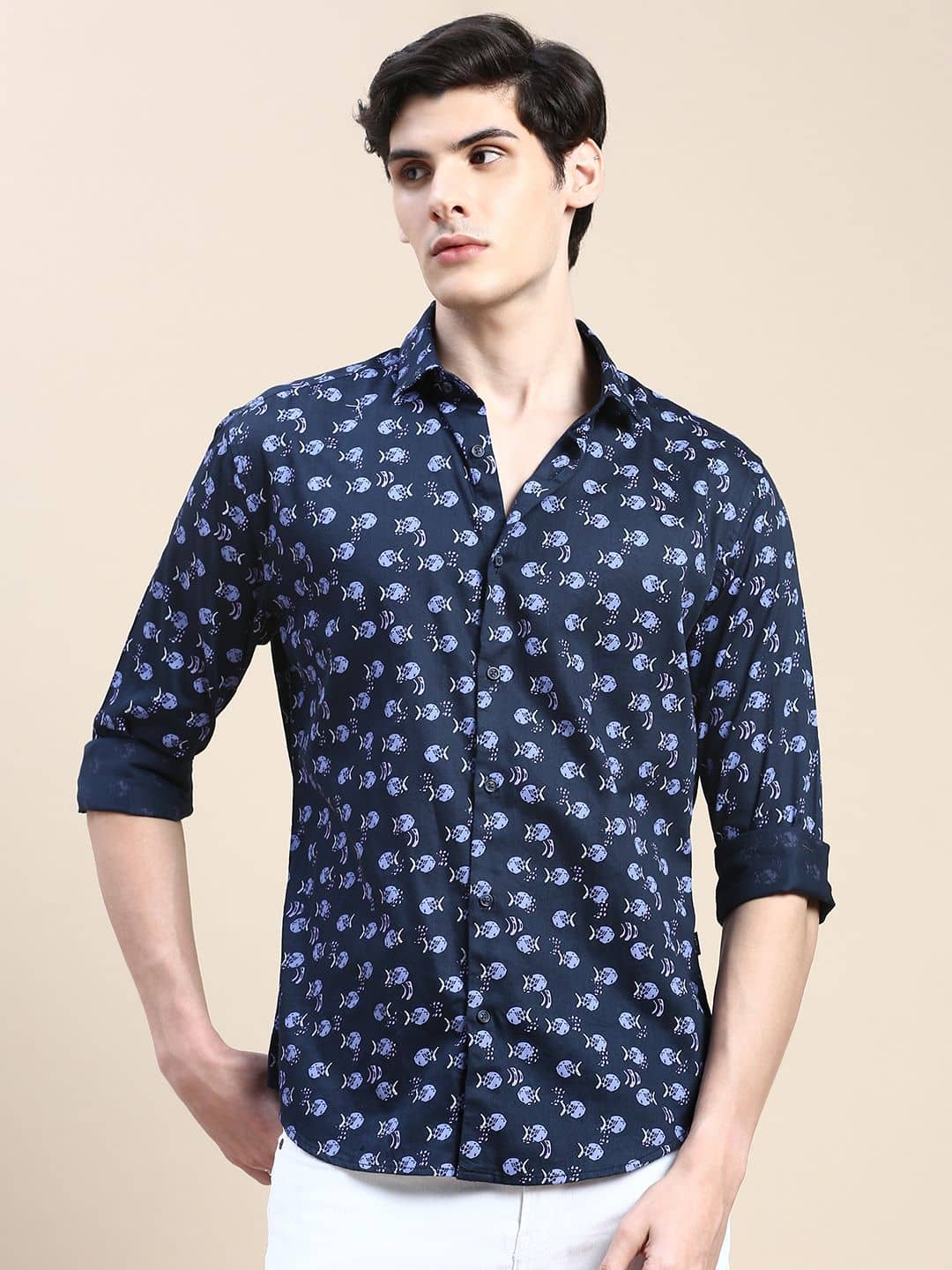 Showoff Cotton Blend Regular Fit Printed Full Sleeves Men's Casual Shirt - Navy Blue ( Pack of 1 )