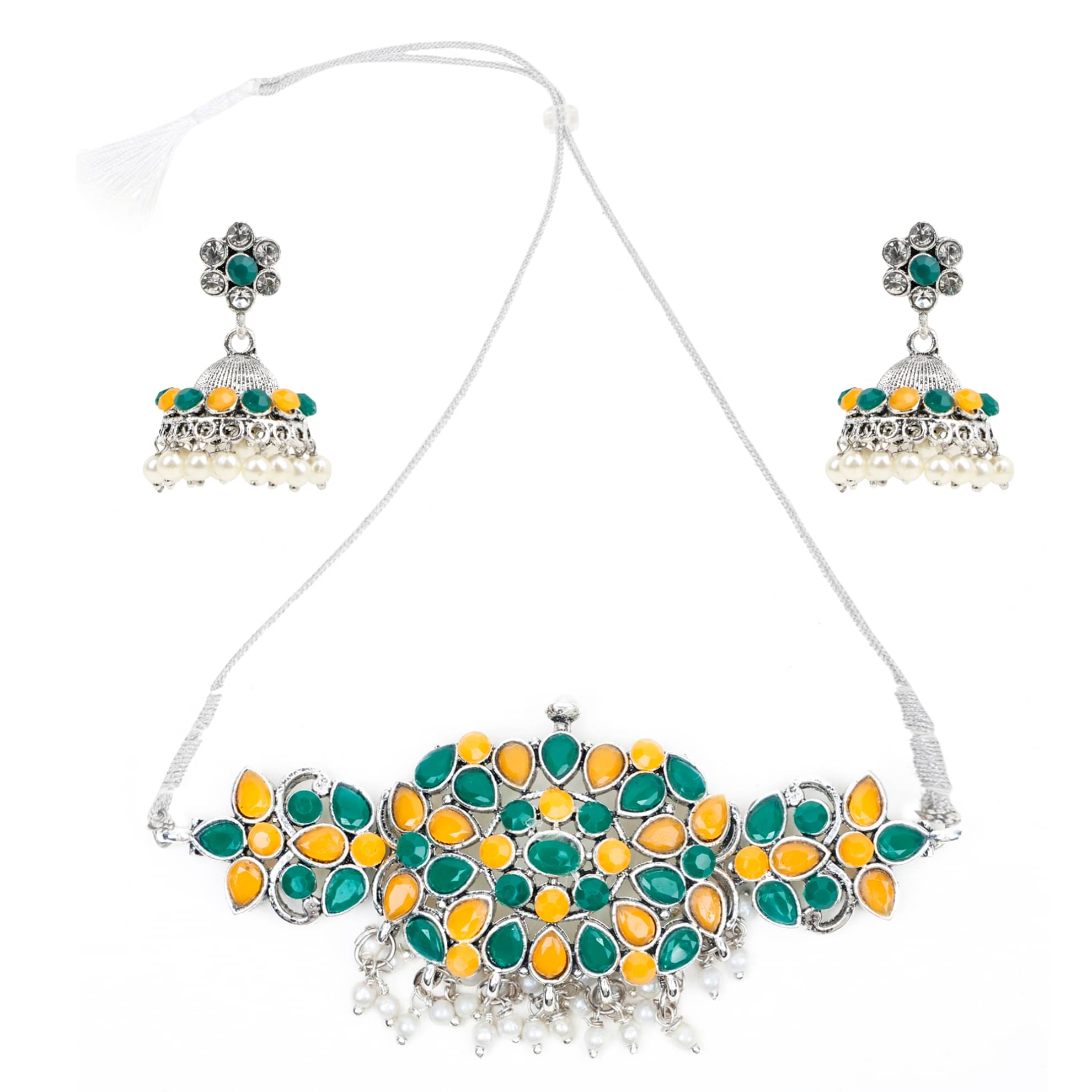     			Sunhari Jewels - Green Brass Necklace Set ( Pack of 1 )