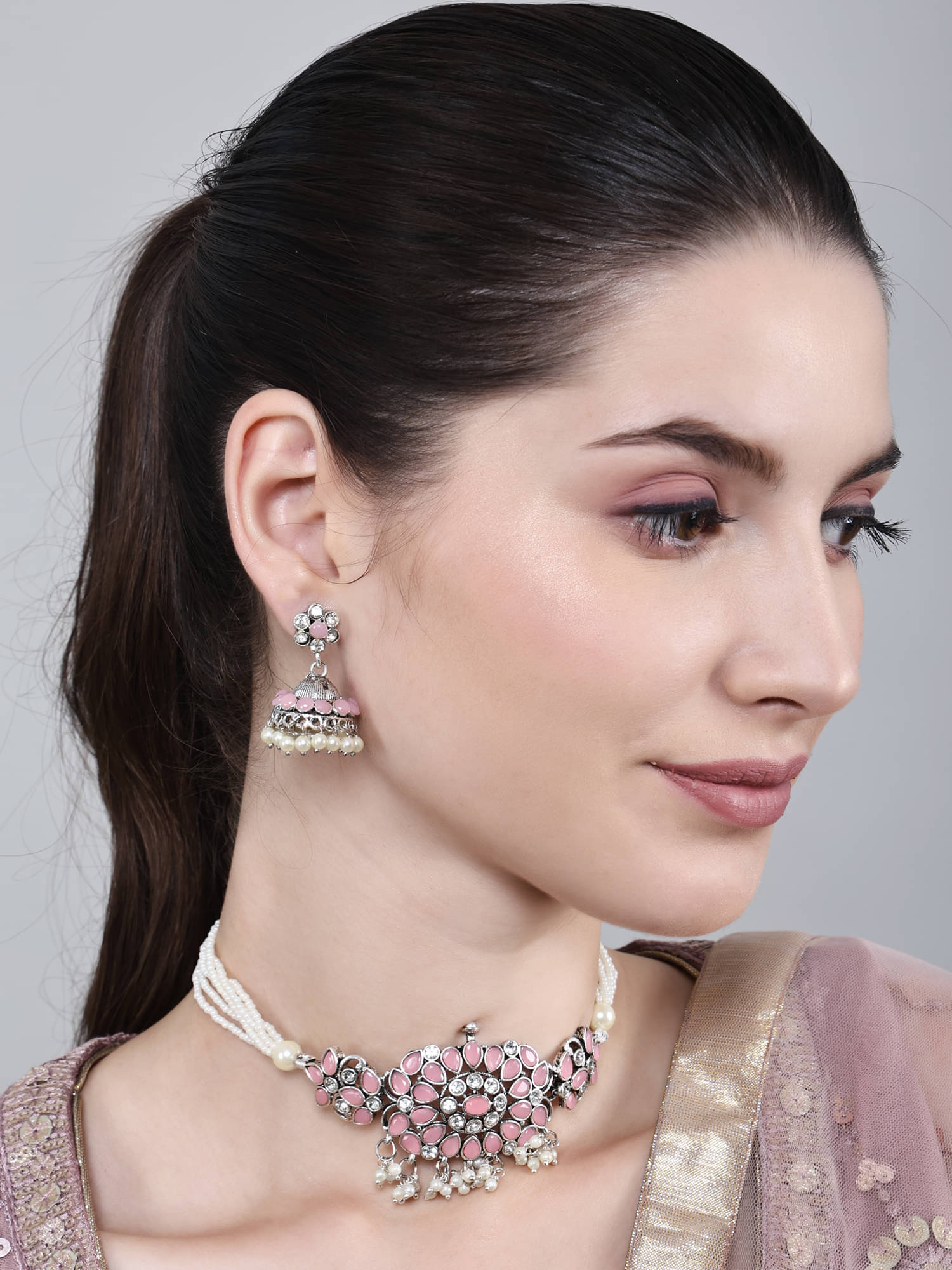     			Sunhari Jewels Pink Brass Necklace Set ( Pack of 1 )