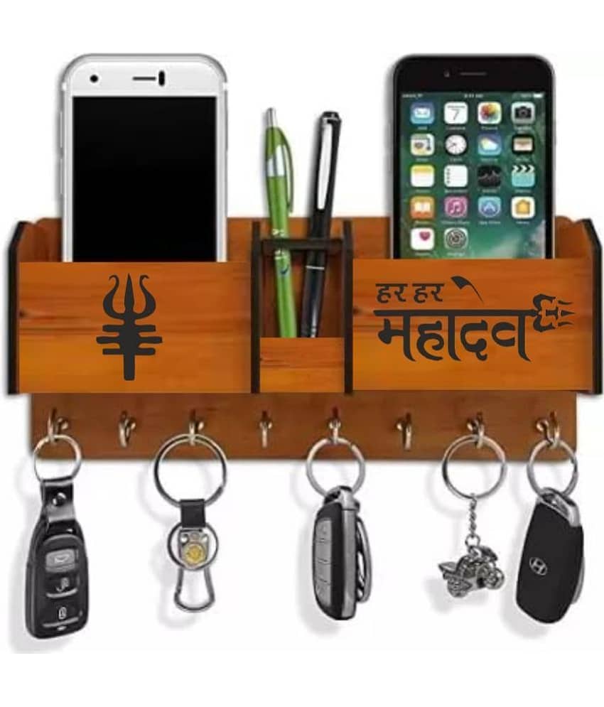 Wooden Key Holder Stand, Mobile Stand, 8 key hanging, 2 Mobile Charging Compartment, key stand, key holder Brown - Stationery | Buy online on ZillyBuy