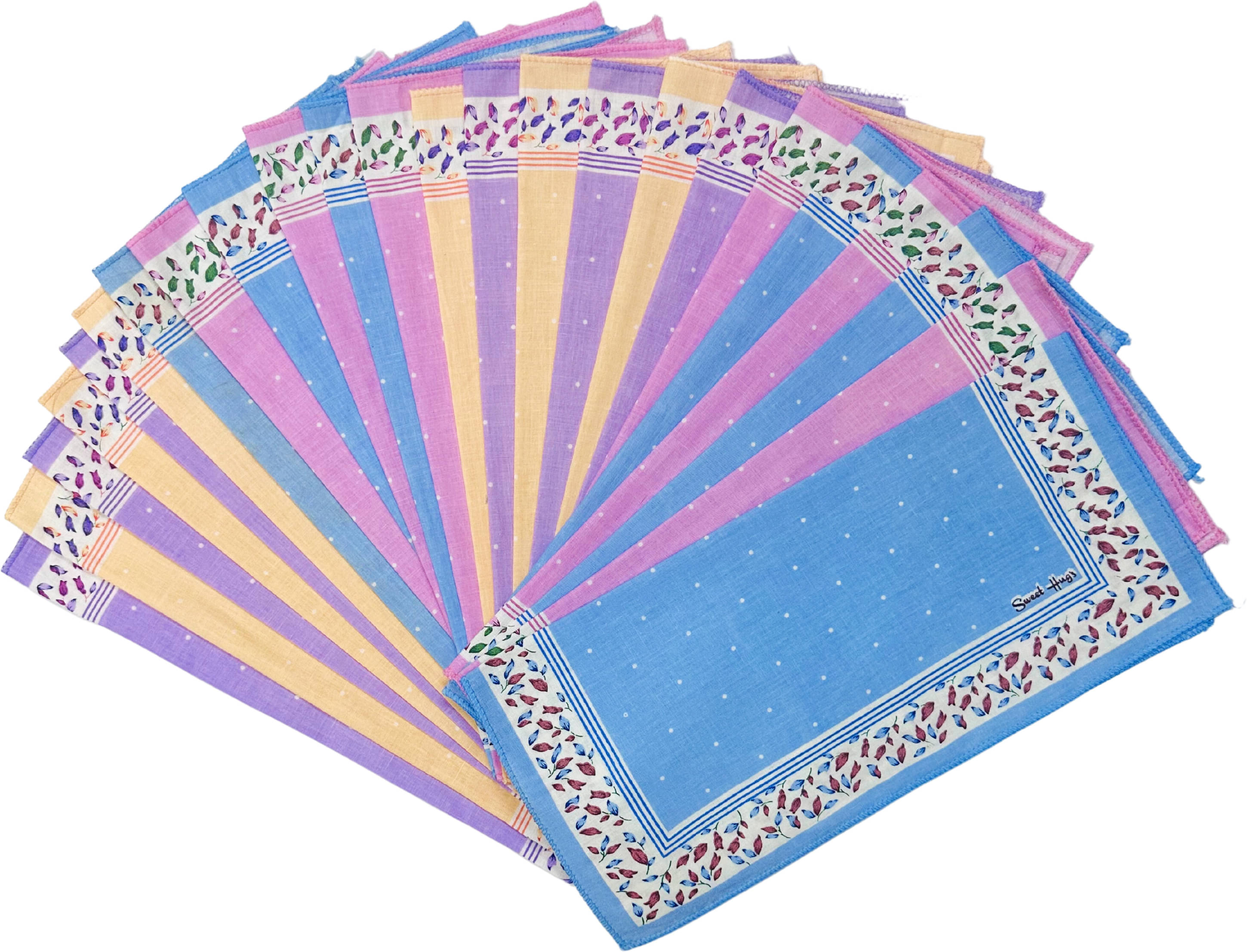 royal mart Premium Cotton Handkerchief 11*11 – Soft Prints for Women/Girl/Design Will Vary Multicolor Handkerchief (Pack of 24)     			royal mart Premium Cotton Handkerchief 11*11 – Soft Prints for Women/Girl/Design Will Vary Multicolor Handkerchief (Pack of 24)