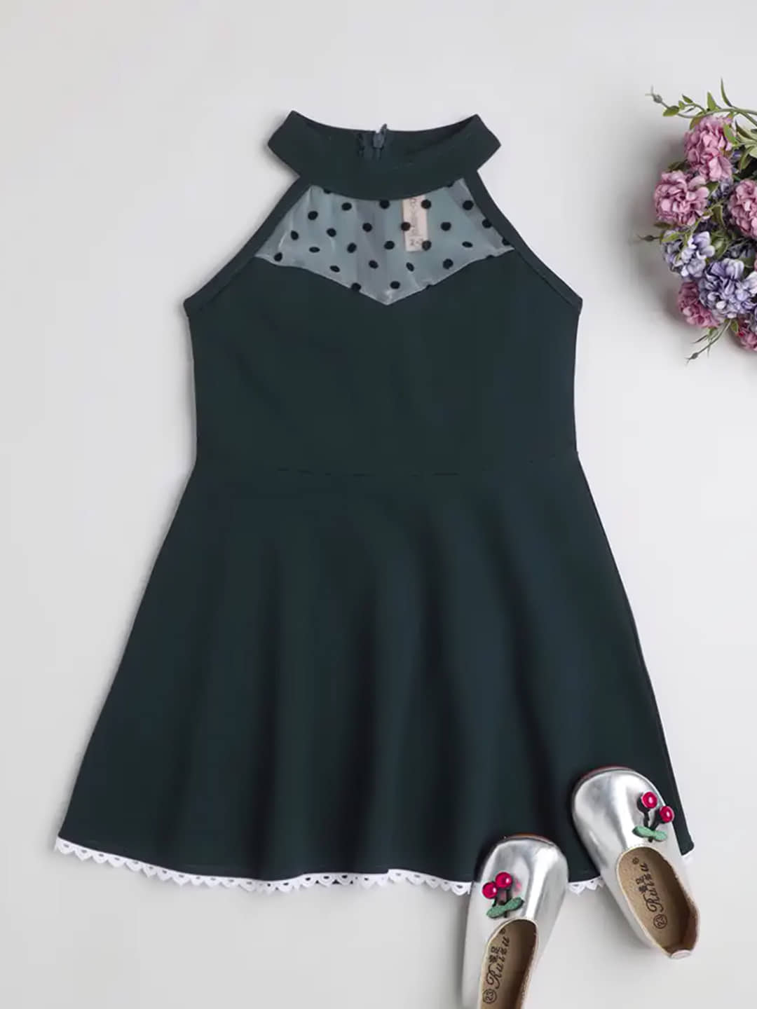 Addyvero Lycra Fit And Flare Dress For Girls ( Pack of 1 , Dark Green )