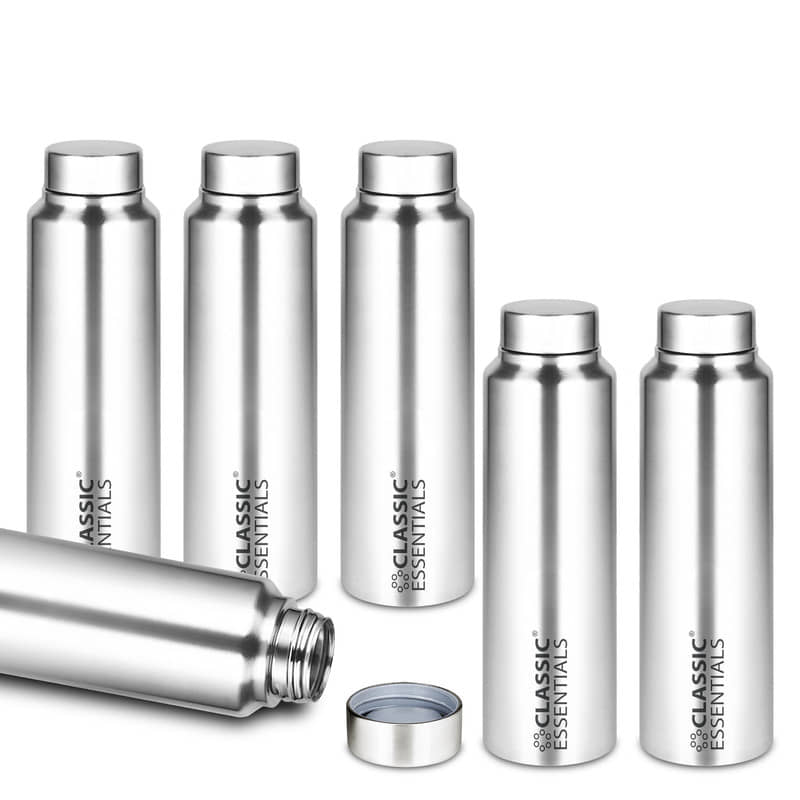 Classic Essentials Inox Spring Silver Fridge Water Bottle 1000 mL ( Set of 6 )