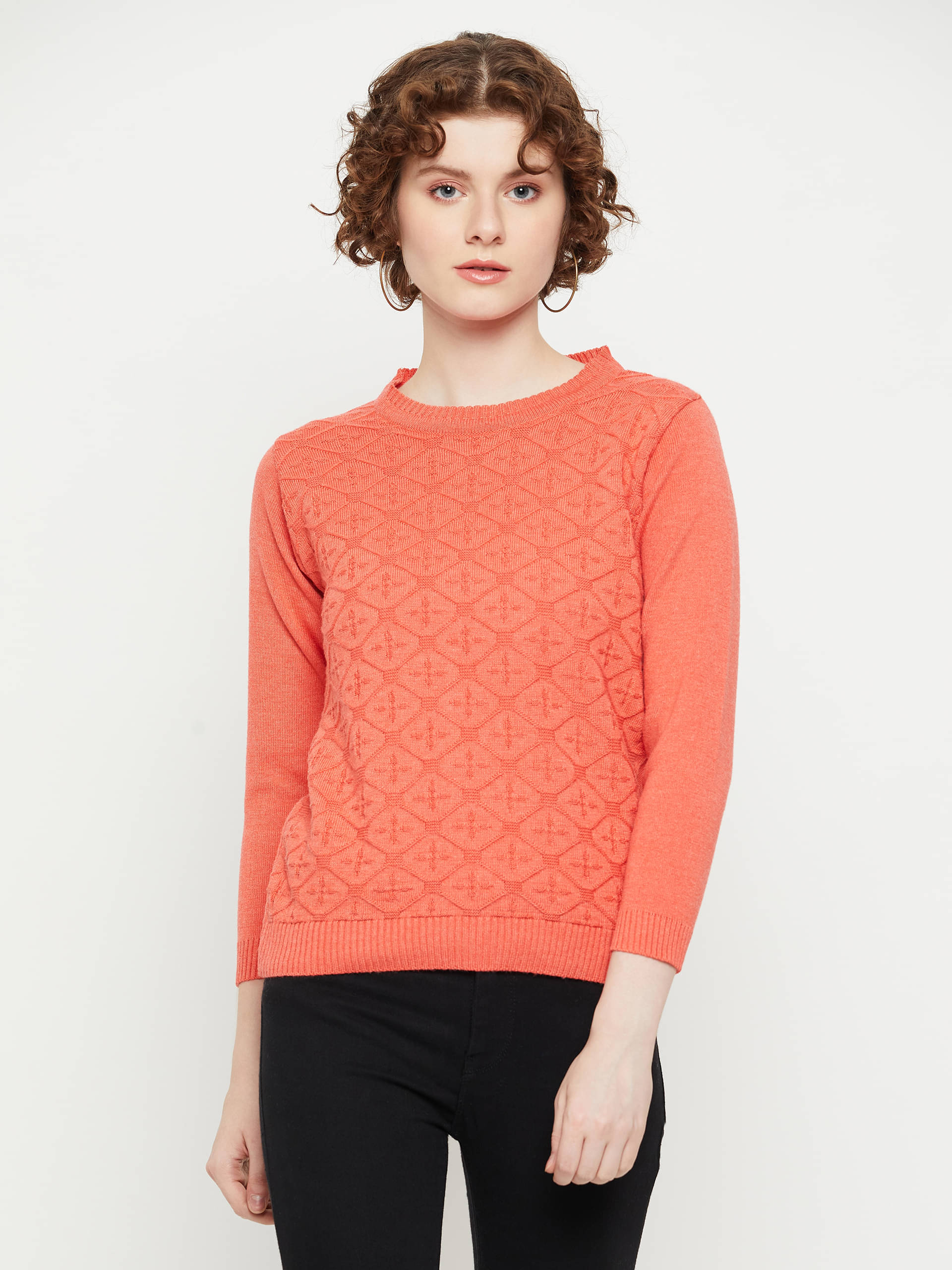     			KASMA Women Acro Wool Round Neck Pullover ( Peach )