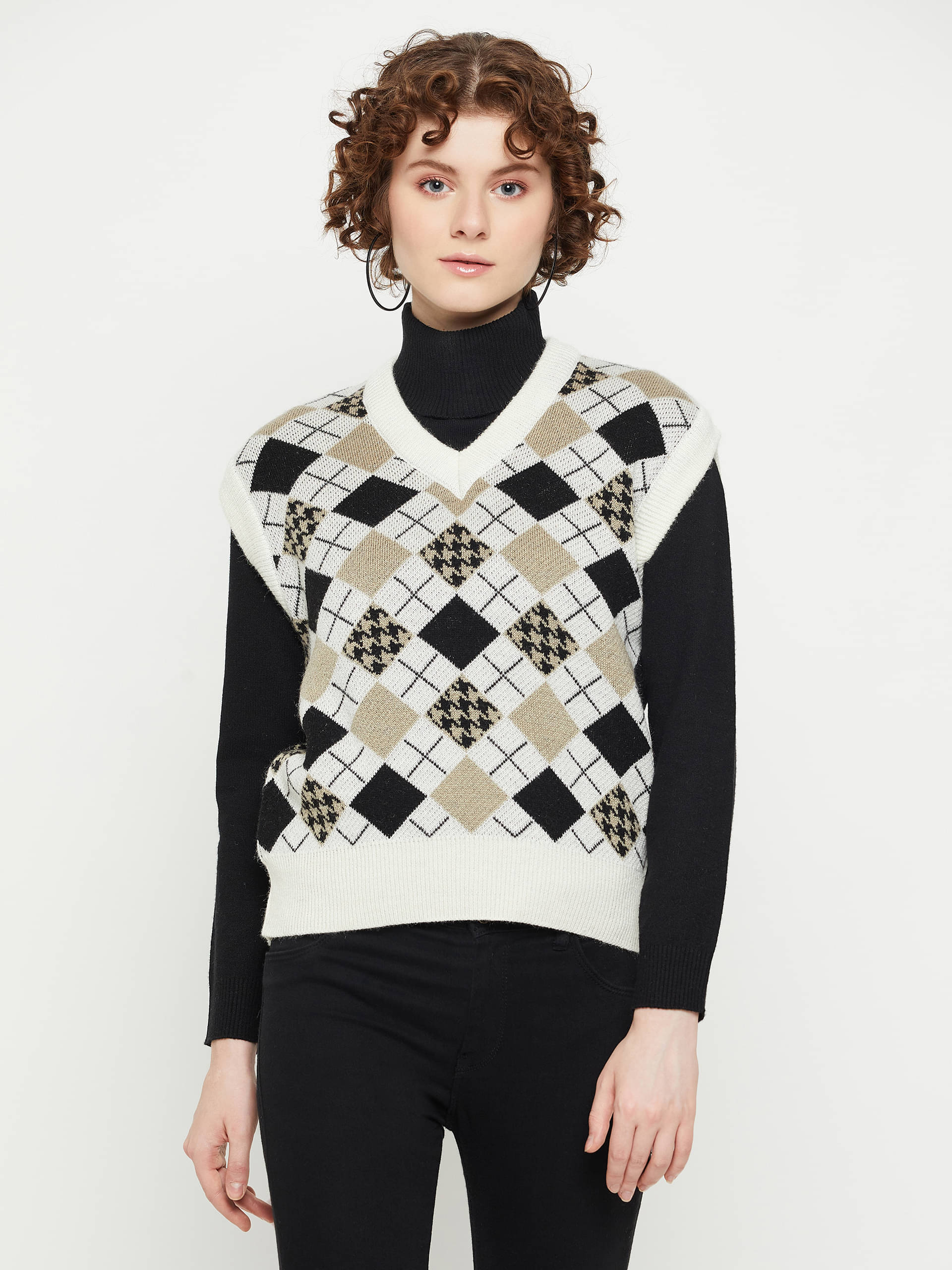     			KASMA Acro Wool V Neck Women's Pullovers - White ( )