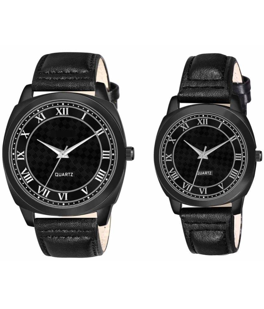     			Lorem - Black Leather Analog Couple's Watch