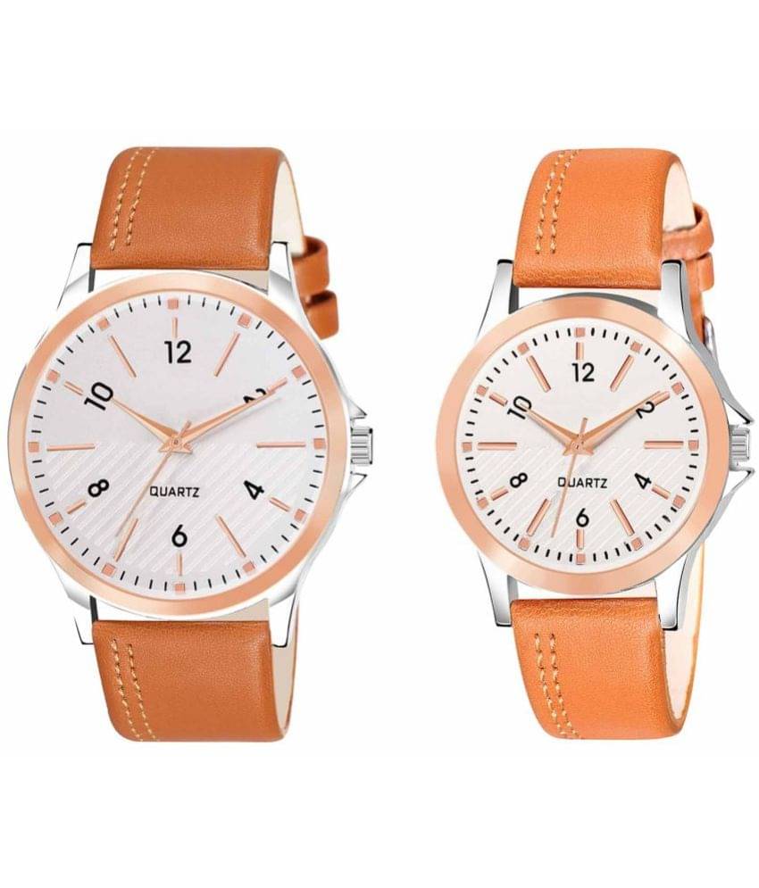     			Lorem - Orange Leather Analog Couple's Watch