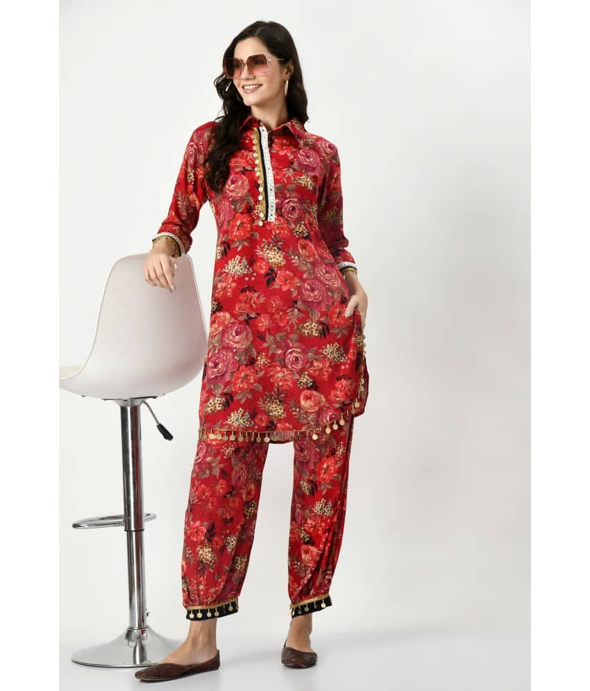 MAURYA Women Printed Shirt With Palazzos Co-Ord Set ( Red )