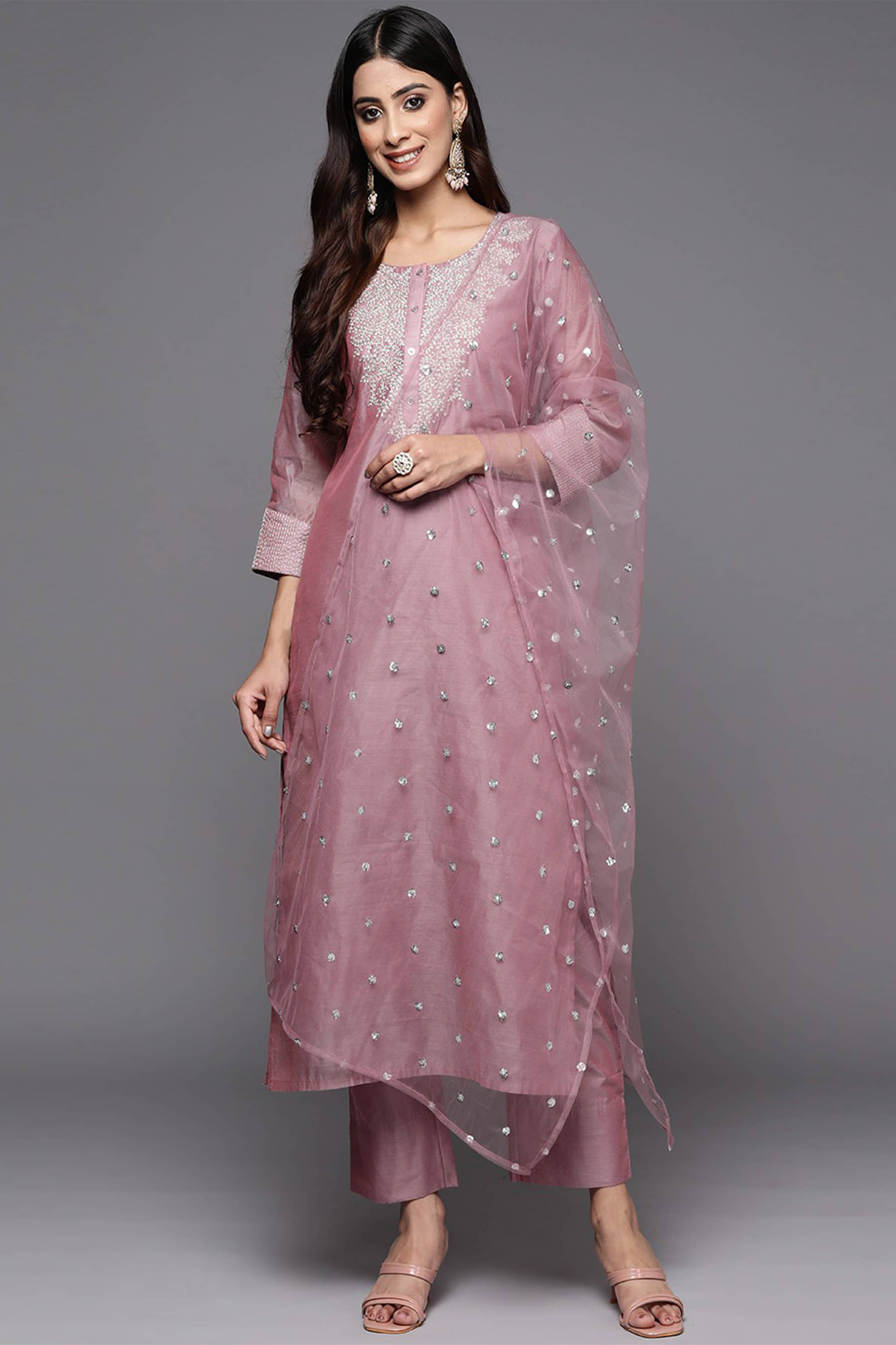 VARNI VESH Cotton Blend Embroidered Kurti With Pants Women's Stitched Salwar Suit - Mauve ( Pack of 1 )