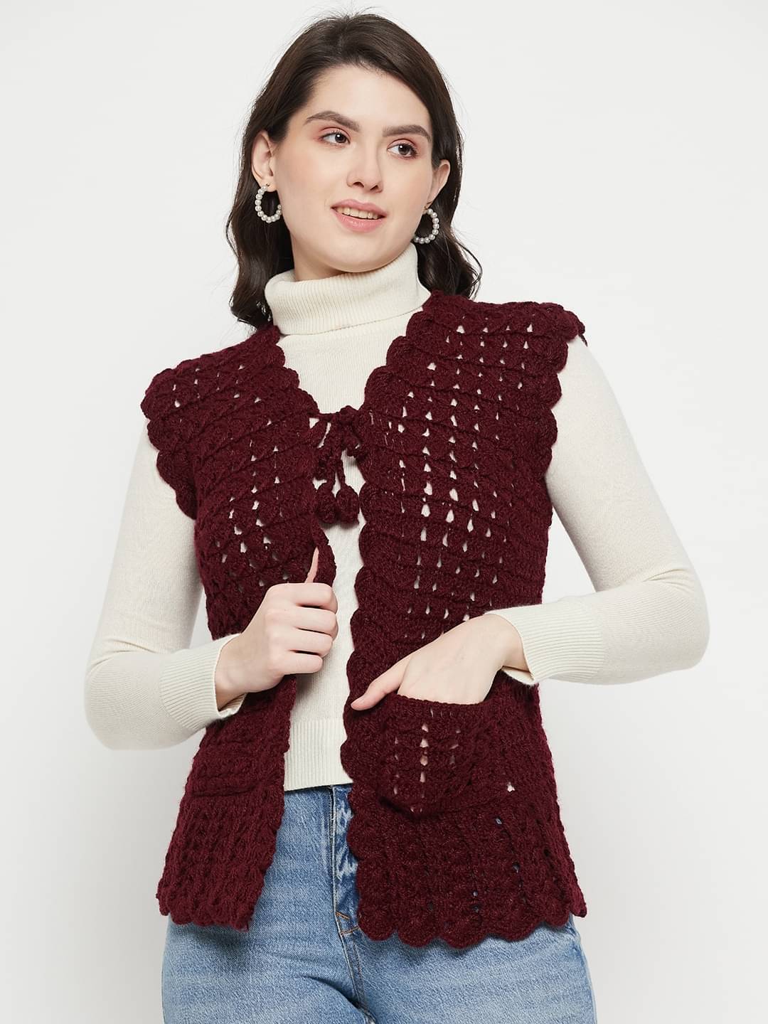     			VERO AMORE Women Acro Wool V-Neck Pullover ( Maroon )