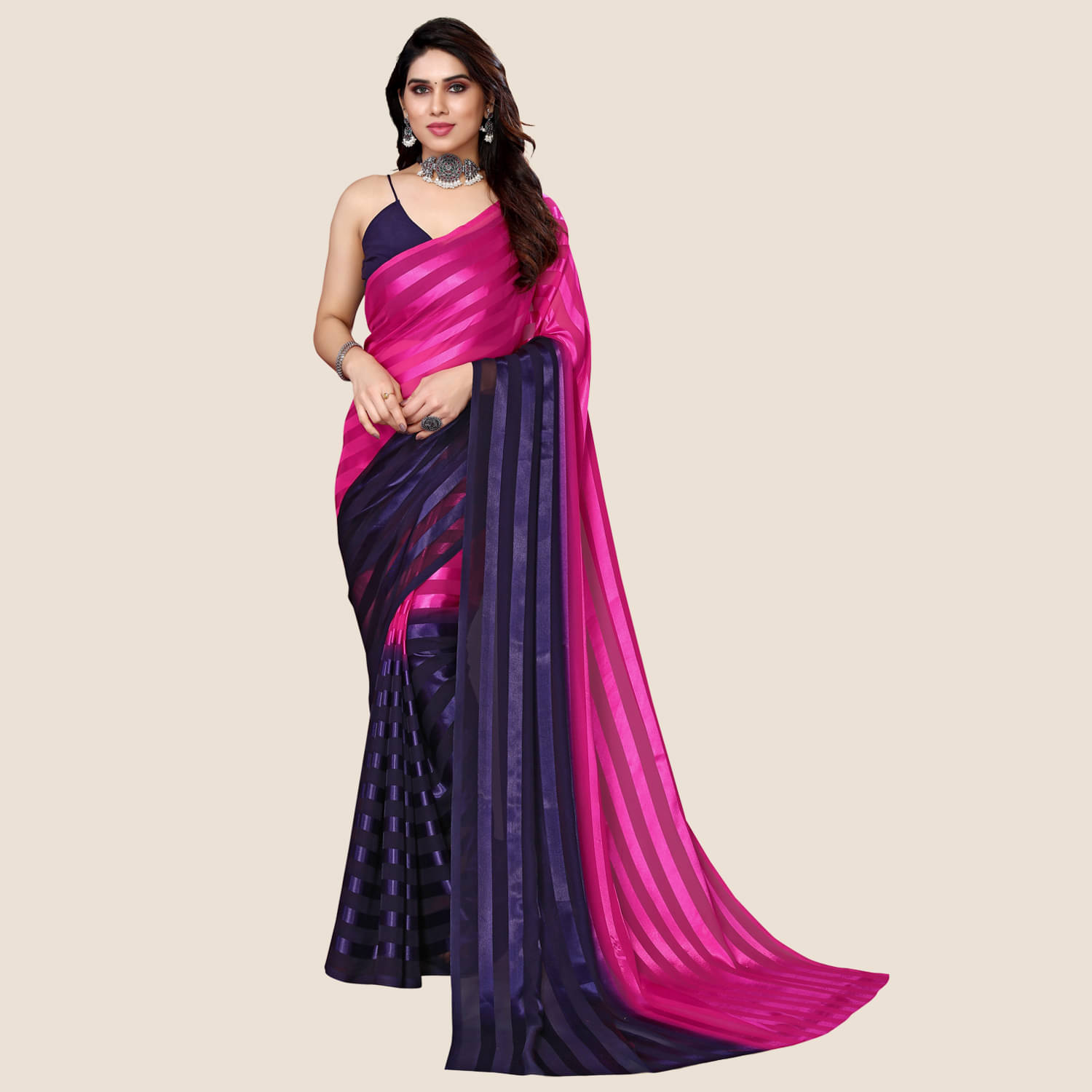 Kashvi Sarees Satin Striped Saree Without Blouse Piece ( Rani )     			Kashvi Sarees Satin Striped Saree Without Blouse Piece ( Rani )