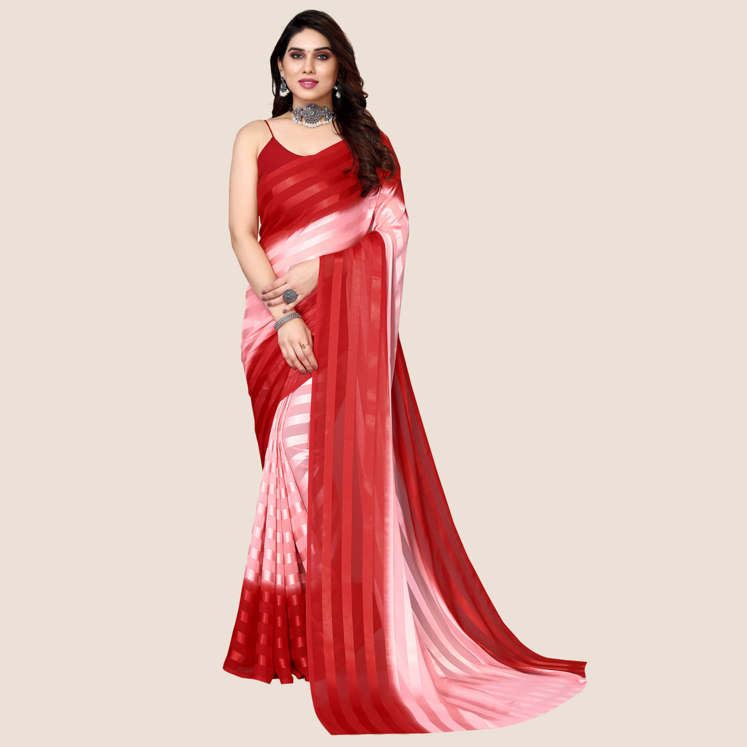 Kashvi Sarees Satin Striped Saree Without Blouse Piece ( Peach ) Kashvi Sarees Satin Striped Saree Without Blouse Piece ( Peach )
