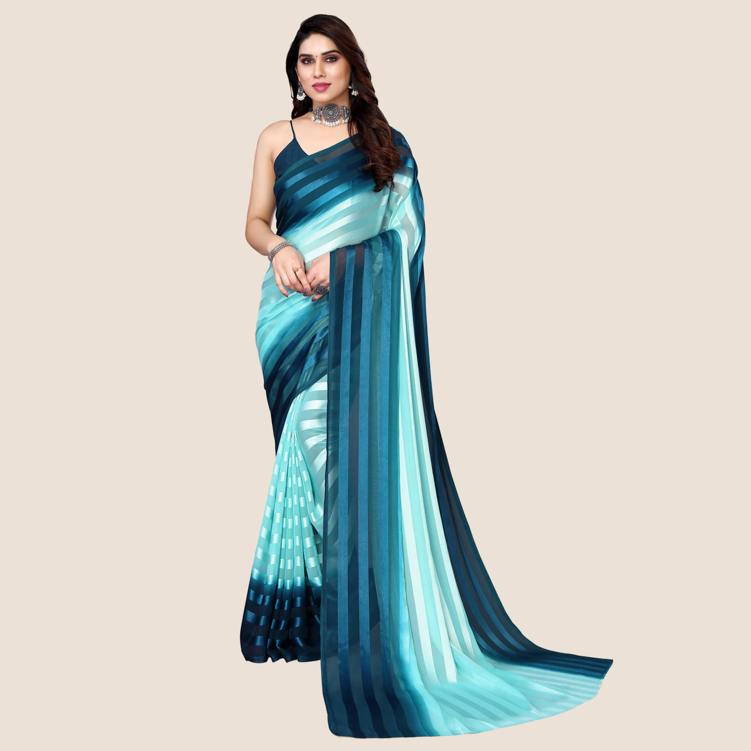 Kashvi Sarees Satin Striped Saree Without Blouse Piece ( SkyBlue ) Kashvi Sarees Satin Striped Saree Without Blouse Piece ( SkyBlue )