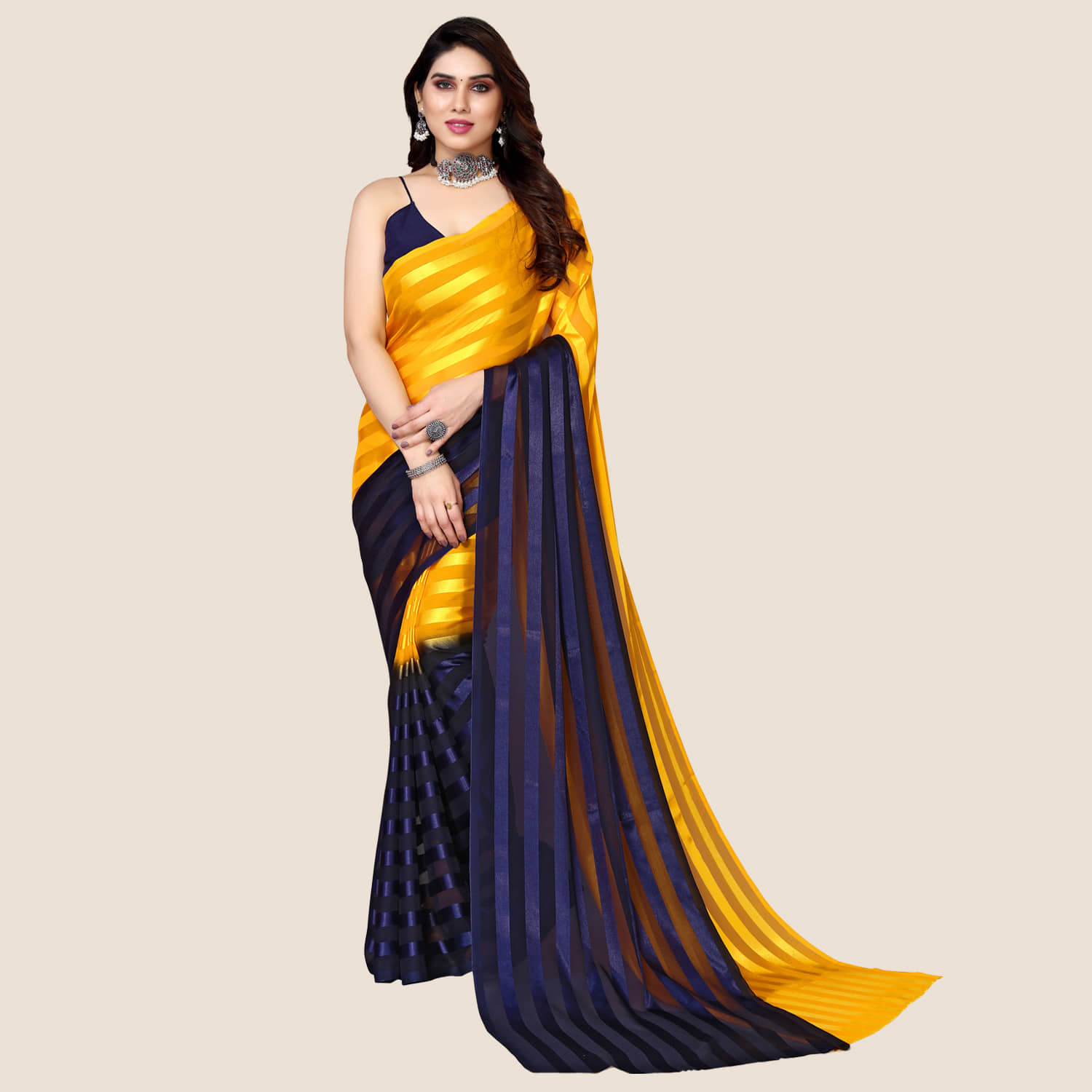 Kashvi Sarees Satin Striped Saree Without Blouse Piece ( Mustard ) - Sarees | Buy online on ZillyBuy