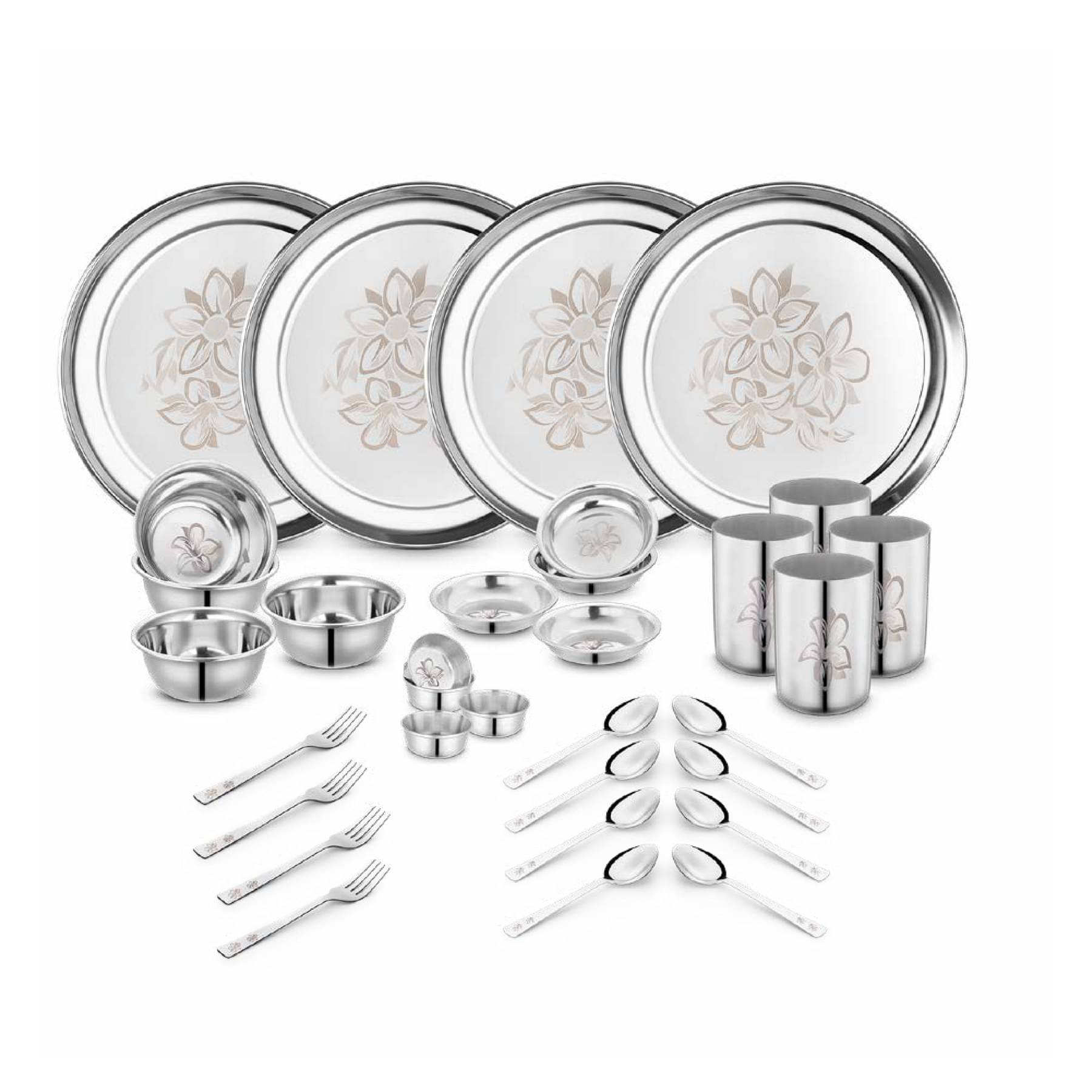 Classic Essentials - Glory-32 Silver Stainless Steel Dinner Set ( Pack of 32 )     			Classic Essentials - Glory-32 Silver Stainless Steel Dinner Set ( Pack of 32 )