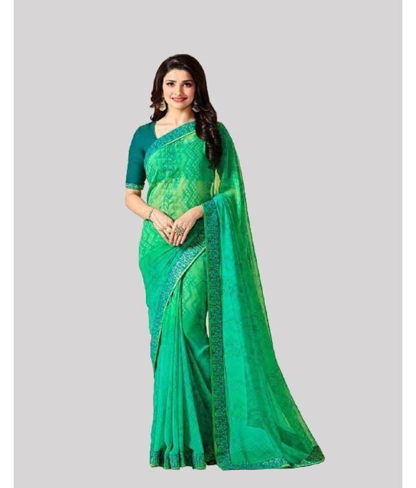 Gazal Fashions Georgette Printed Saree With Unstitched Blouse Piece ( Green ) - Sarees | Buy online on ZillyBuy