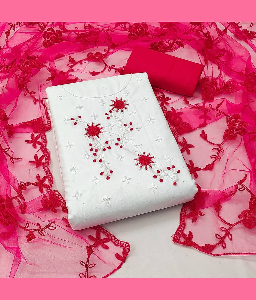 Gazal Fashions Unstitched Cotton Blend Embroidered Dress Material - White ( Pack of 1 ) - Unstitched Fabrics | Buy online on ZillyBuy