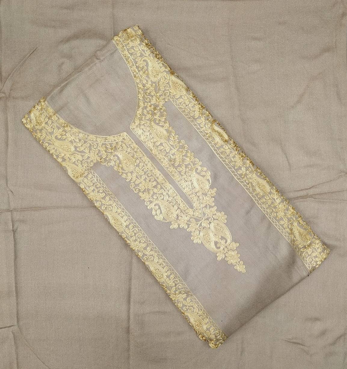 KASHMIRI Unstitched Woollen Embroidered Dress Material - Beige ( Pack of 1 )     			KASHMIRI Unstitched Woollen Embroidered Dress Material - Beige ( Pack of 1 )