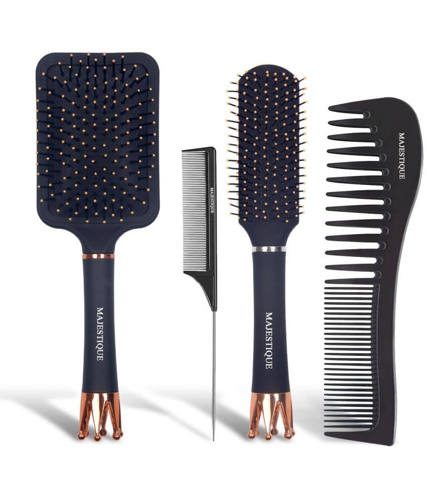 Majestique Crown Hair Brush & Paddle, Flat, Brush Tail Comb & Wide Tooth Comb For Detangling - 4Pcs