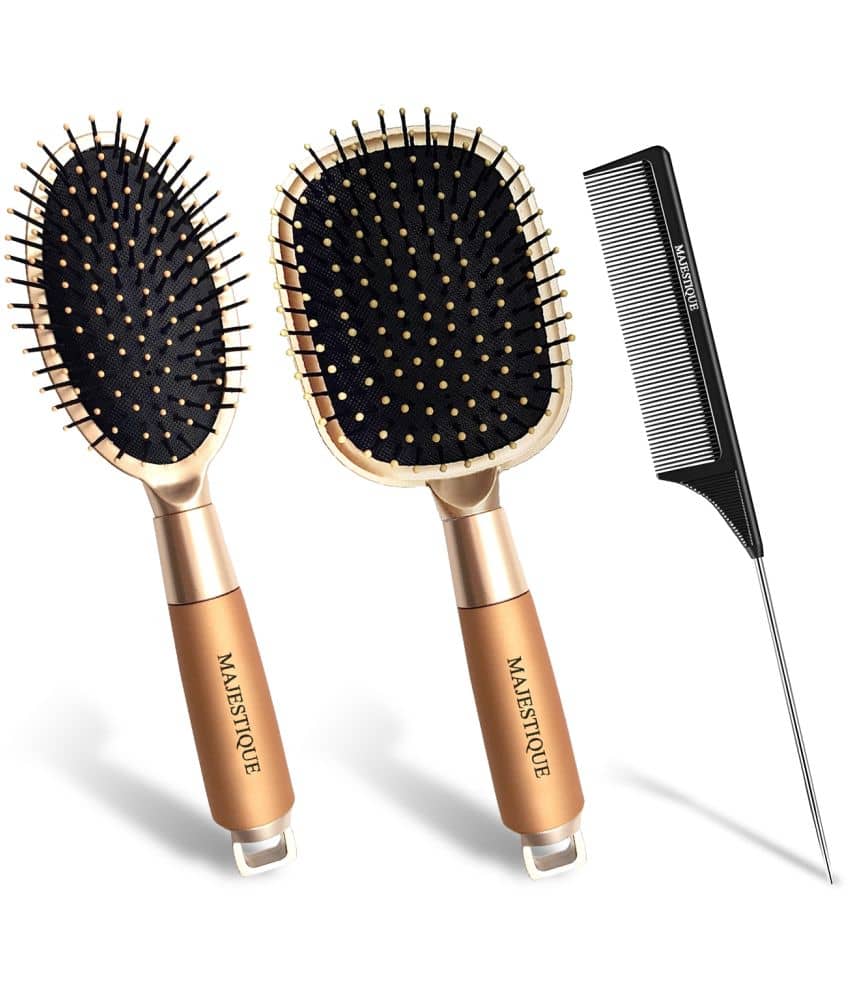 Majestique Golden Hair Brush Set, Paddle Hair Brush, Oval Detangle Brush & Tail Comb - 3Pcs Golden