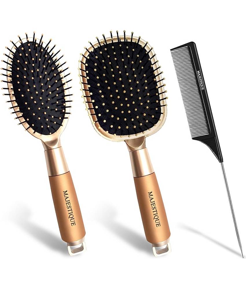 Majestique Golden Hair Brush Set, Paddle Hair Brush, Oval Detangle Brush & Tail Comb - 3Pcs Golden