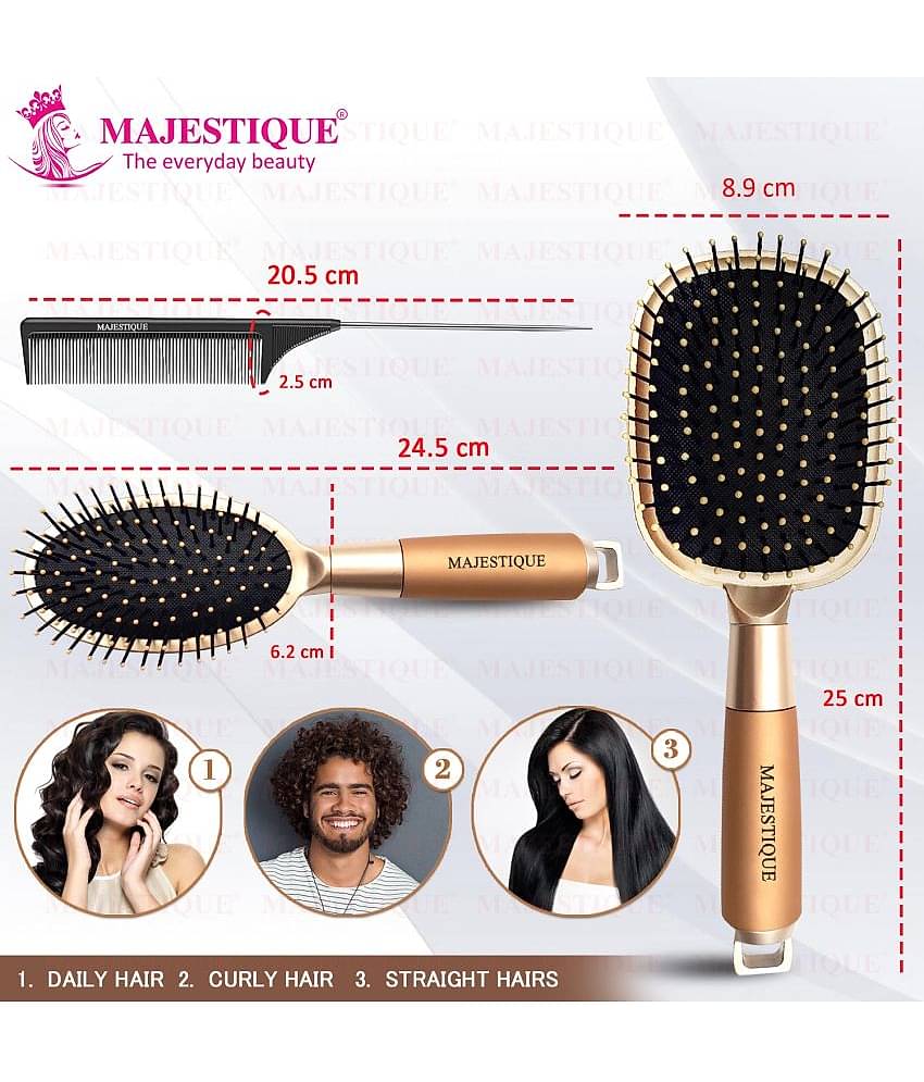 Majestique Golden Hair Brush Set, Paddle Hair Brush, Oval Detangle Brush & Tail Comb - 3Pcs Golden