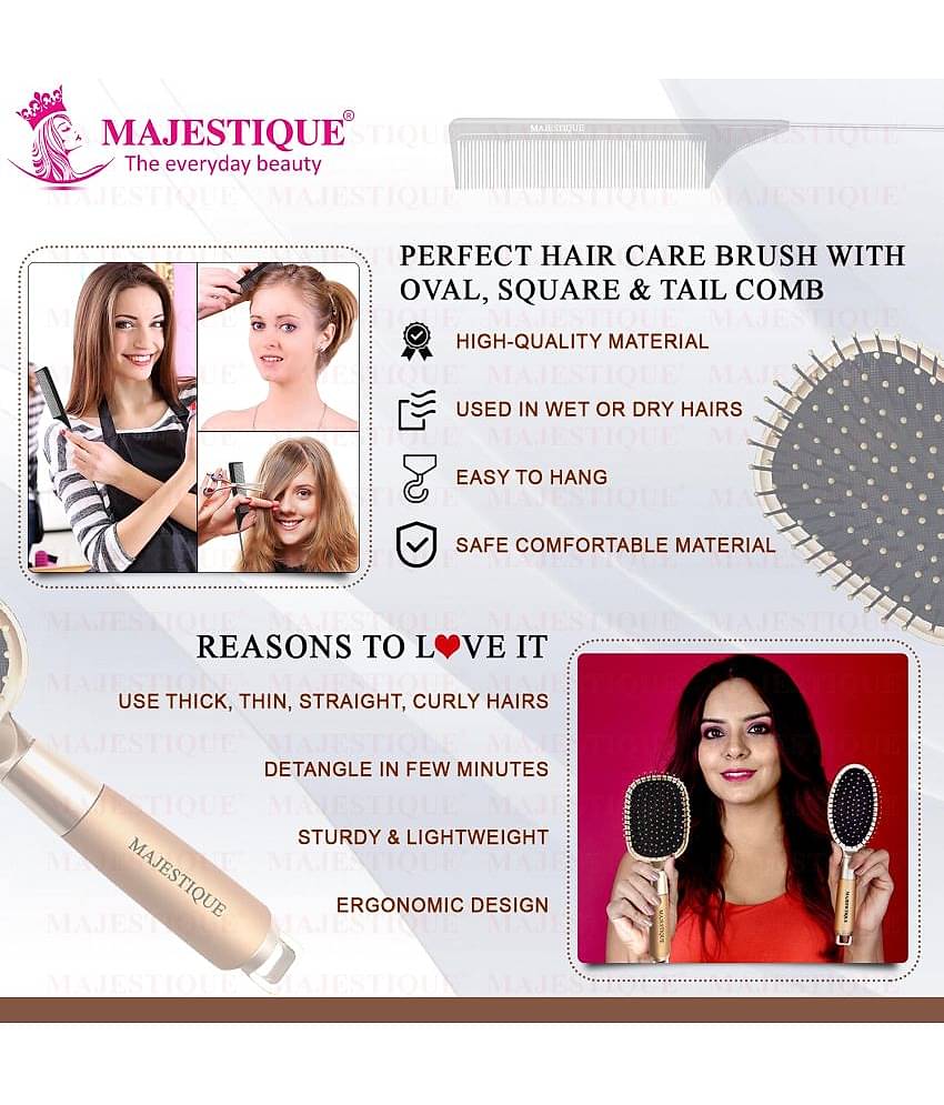 Majestique Golden Hair Brush Set, Paddle Hair Brush, Oval Detangle Brush & Tail Comb - 3Pcs Golden