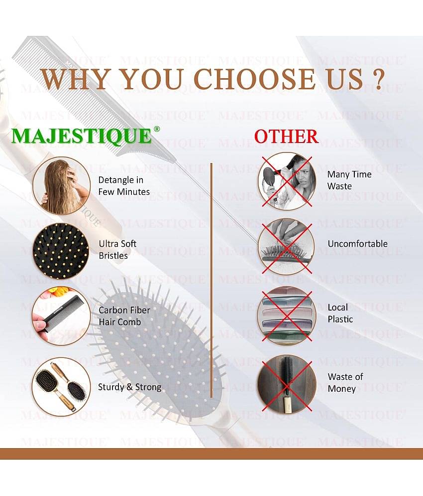Majestique Golden Hair Brush Set, Paddle Hair Brush, Oval Detangle Brush & Tail Comb - 3Pcs Golden