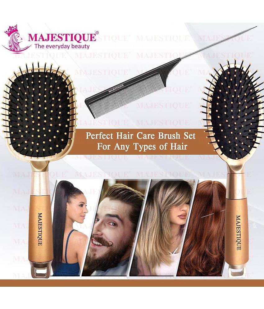 Majestique Golden Hair Brush Set, Paddle Hair Brush, Oval Detangle Brush & Tail Comb - 3Pcs Golden