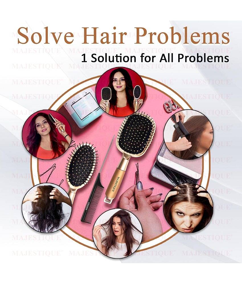 Majestique Golden Hair Brush Set, Paddle Hair Brush, Oval Detangle Brush & Tail Comb - 3Pcs Golden