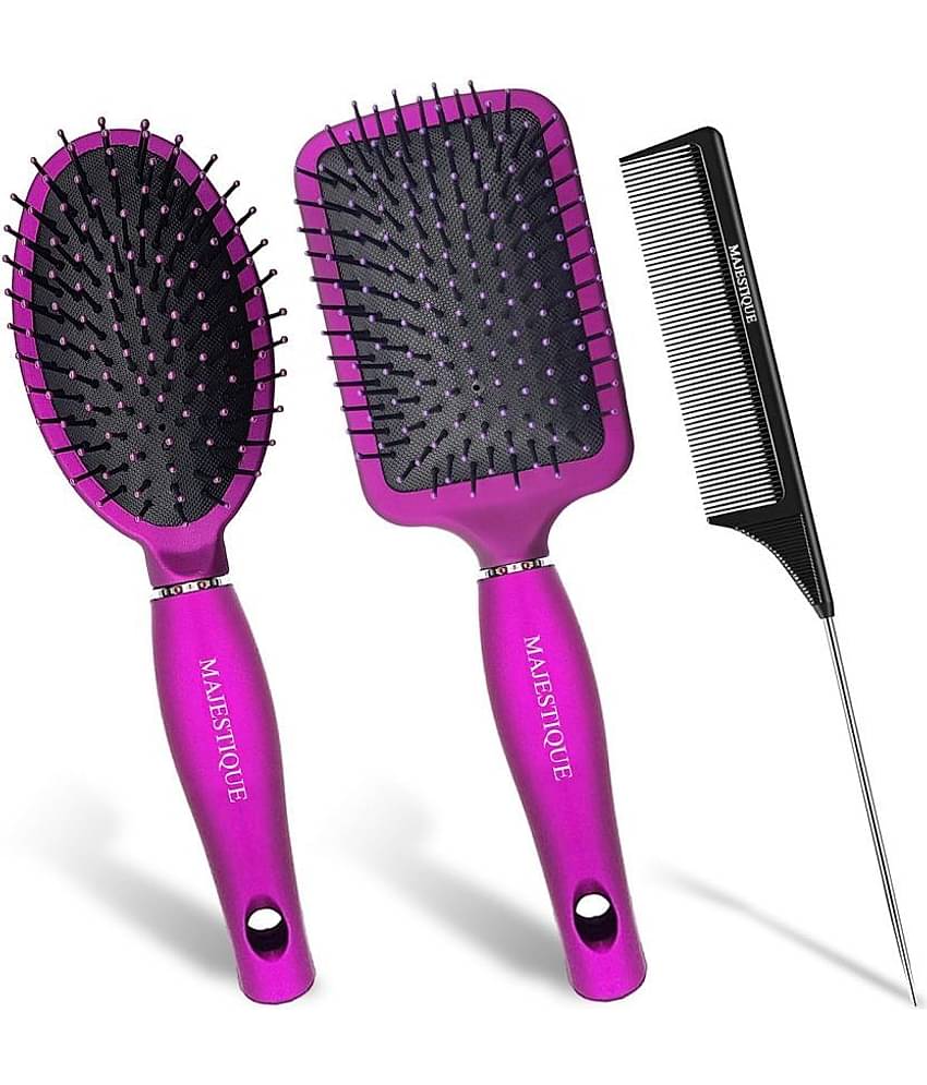 Majestique Paddle Straightener Brush with Tail Comb, Detangler Brush Sleek and Shine Finisher - 3Pcs