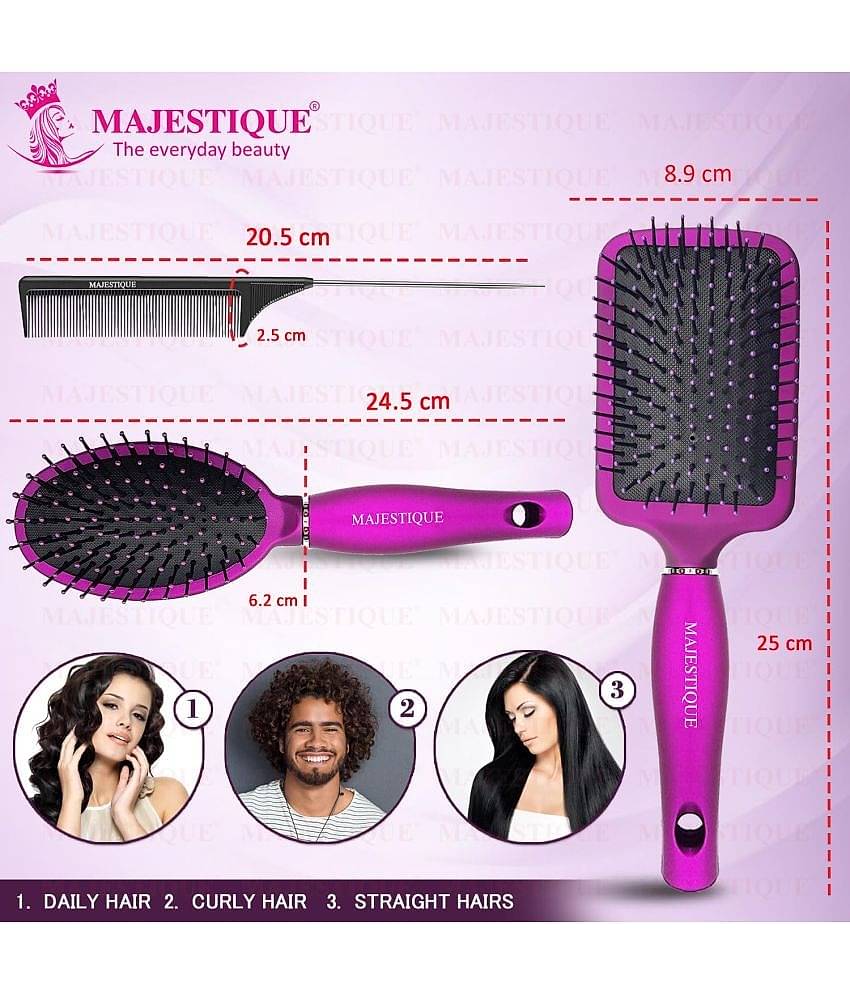 Majestique Paddle Straightener Brush with Tail Comb, Detangler Brush Sleek and Shine Finisher - 3Pcs